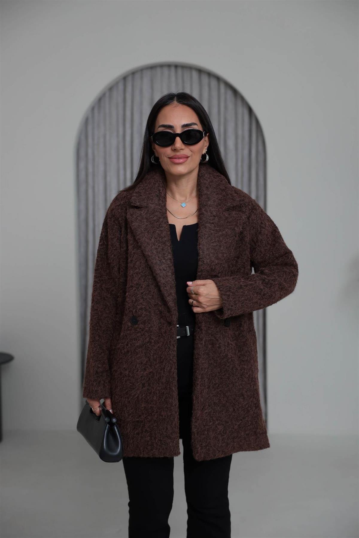 9699 Çift Düğmeli Buklet Kaban KAHVE