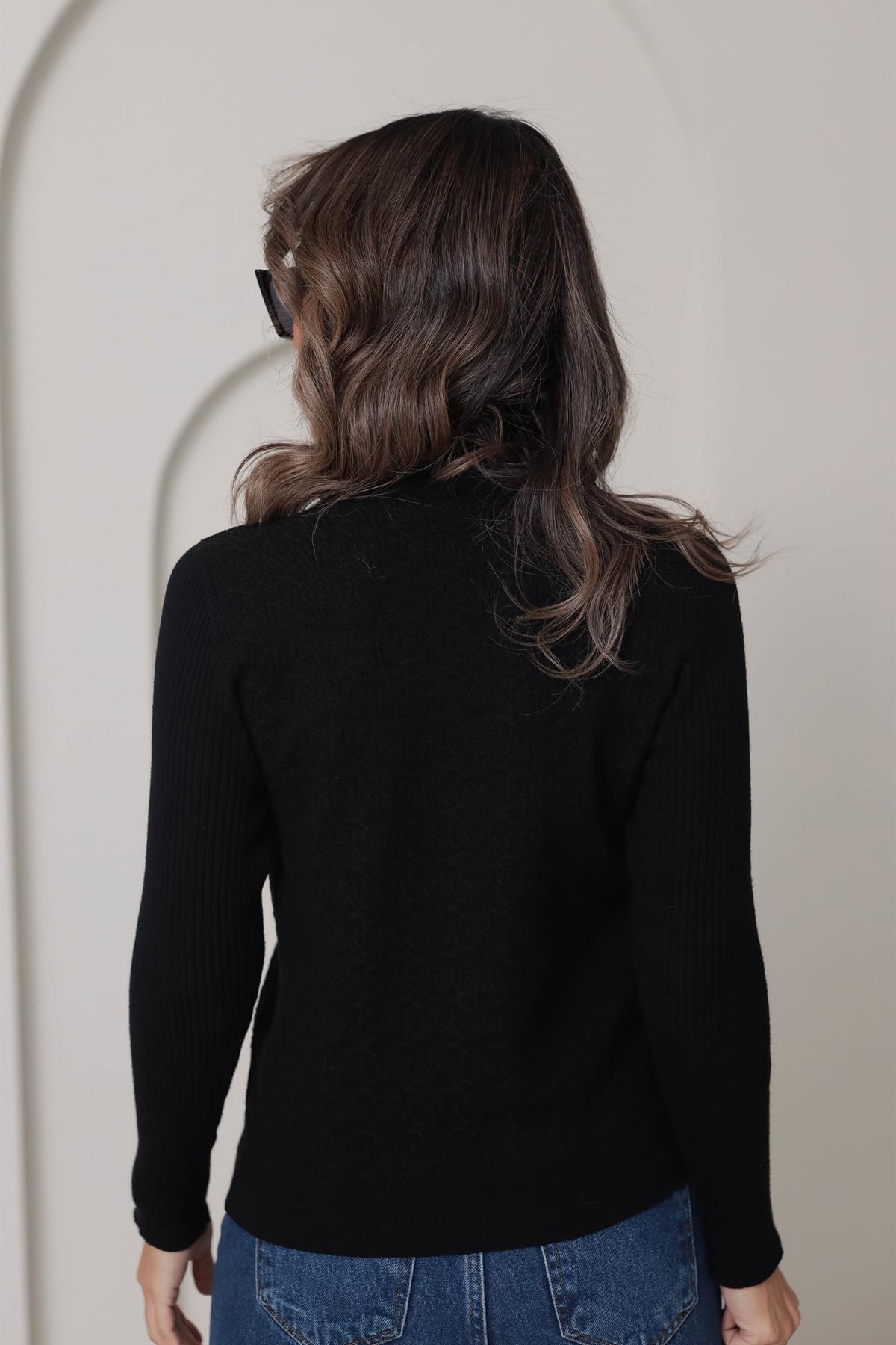 0248 Korspan Dik Yaka V Armalı Yumuşak Triko SİYAH