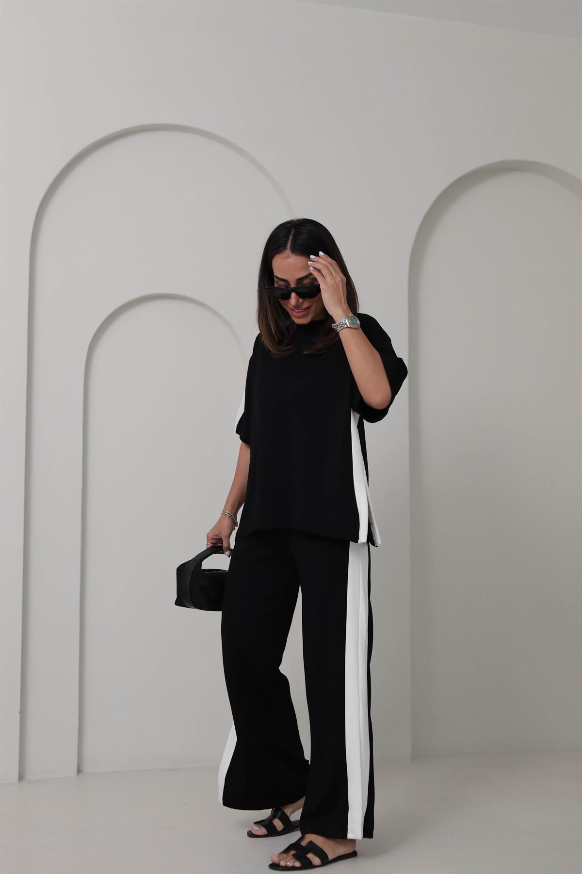 3417 Kontrastlı Paça Yırtmaçlı Rahat Modal Takım SİYAH