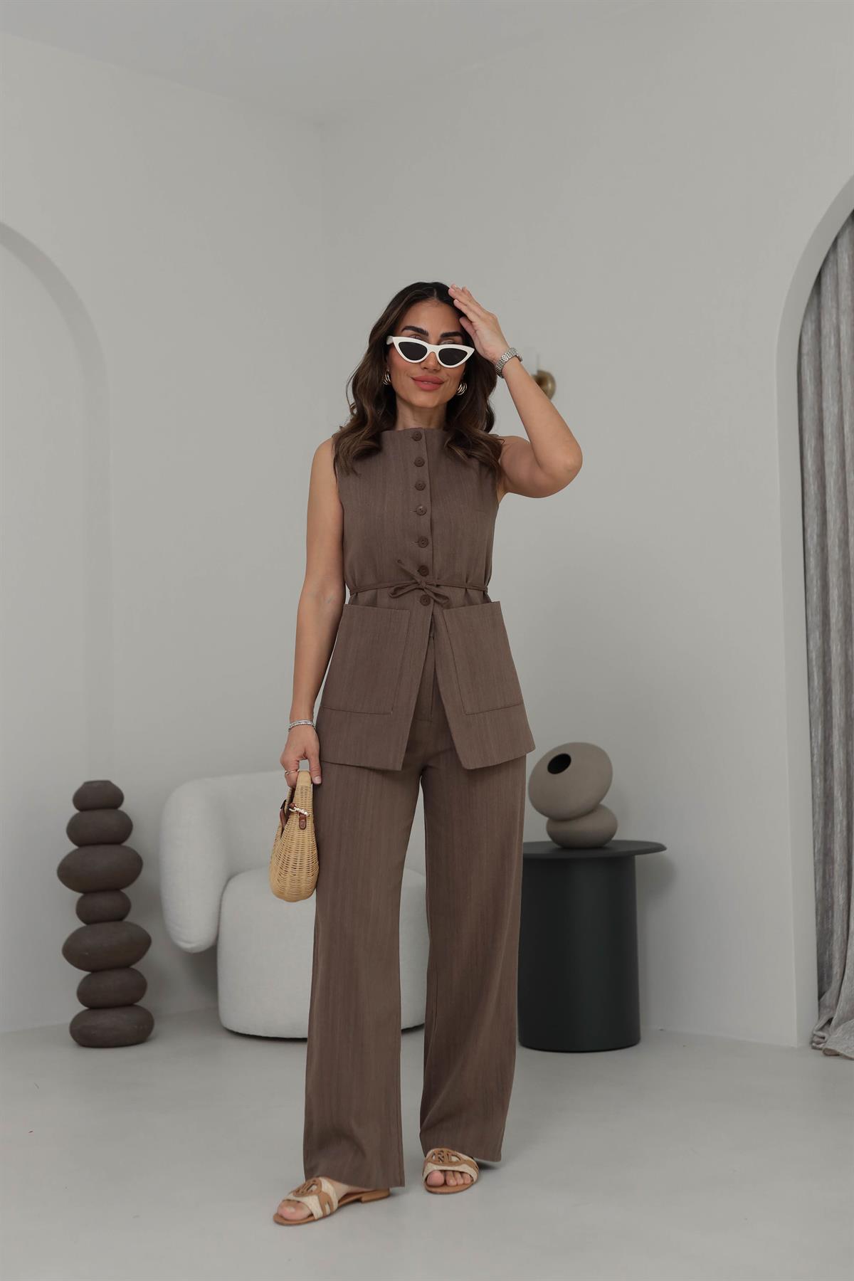 8602 Çift Cepli Keten Yelek Takım KAHVE
