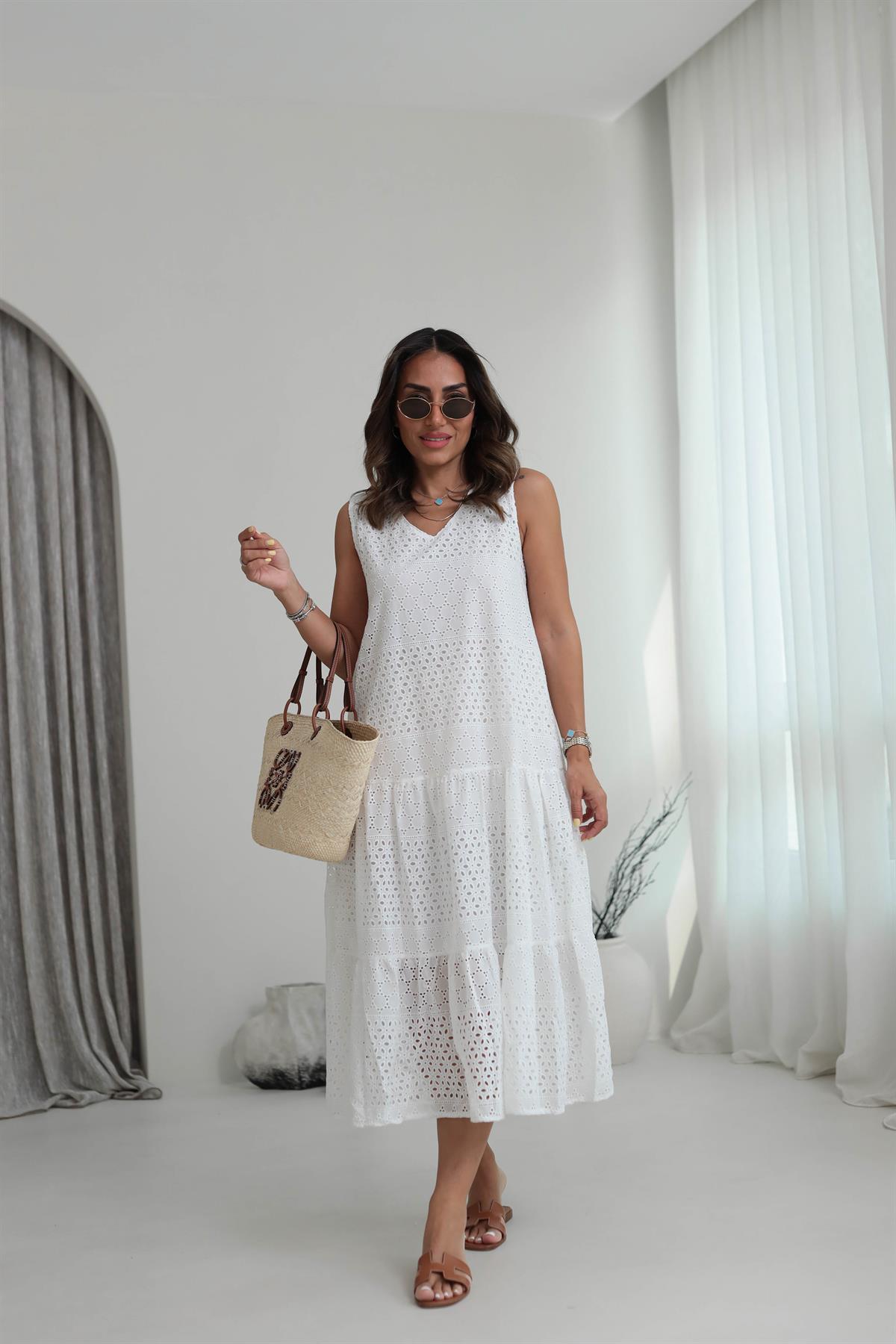 6096 V Yaka Sıfır Kol Fisto Elbise BEYAZ