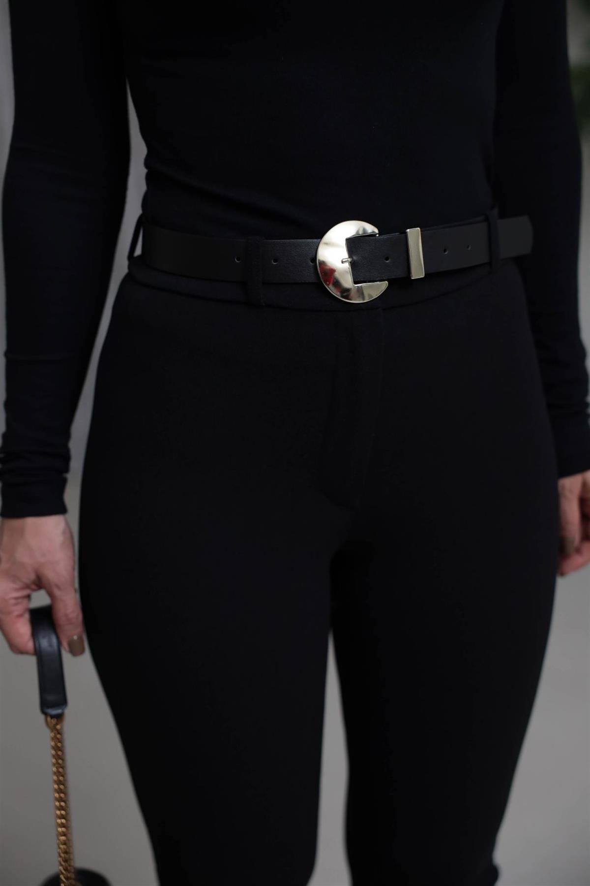 7090 Kemerli Likralı İspanyol Pantolon SİYAH