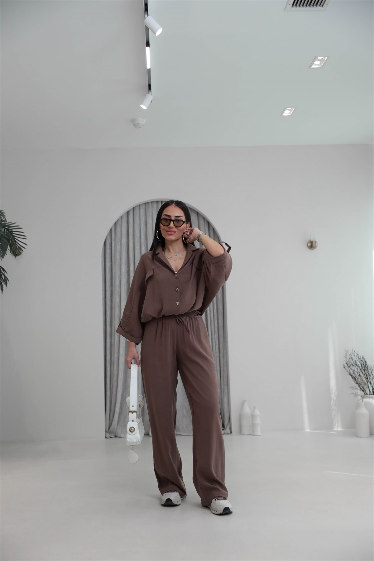 7121 Gold Düğmeli Tencel Kumaş Takım KAHVE