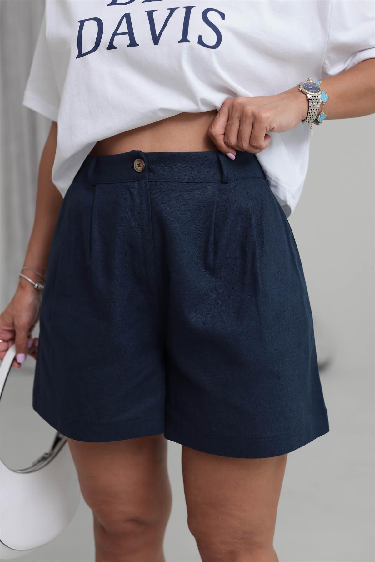 1665 Keten Geniş Paça Şort LACİVERT