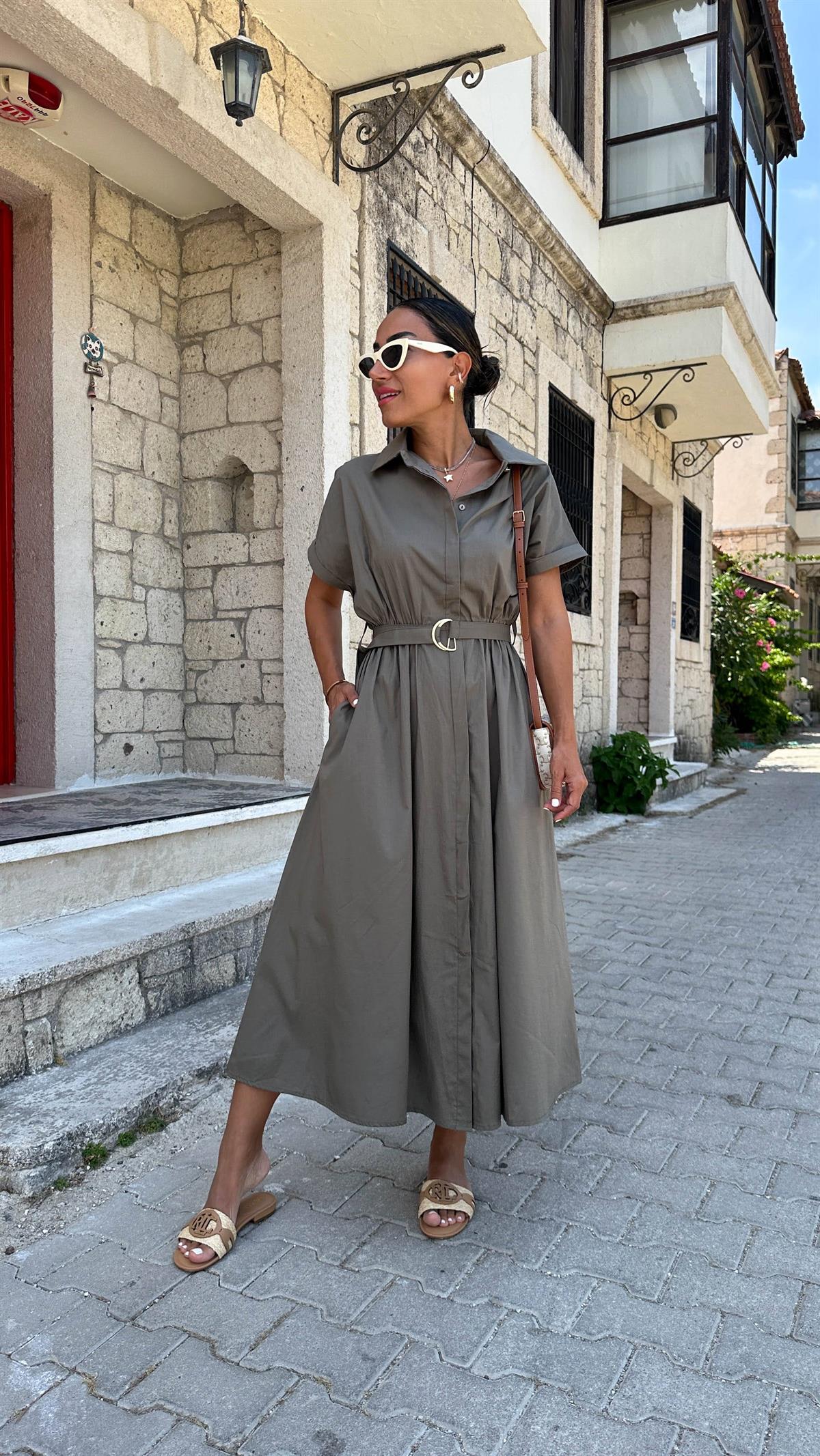 9679 Kemerli Kısa Kol Gömlek Elbise