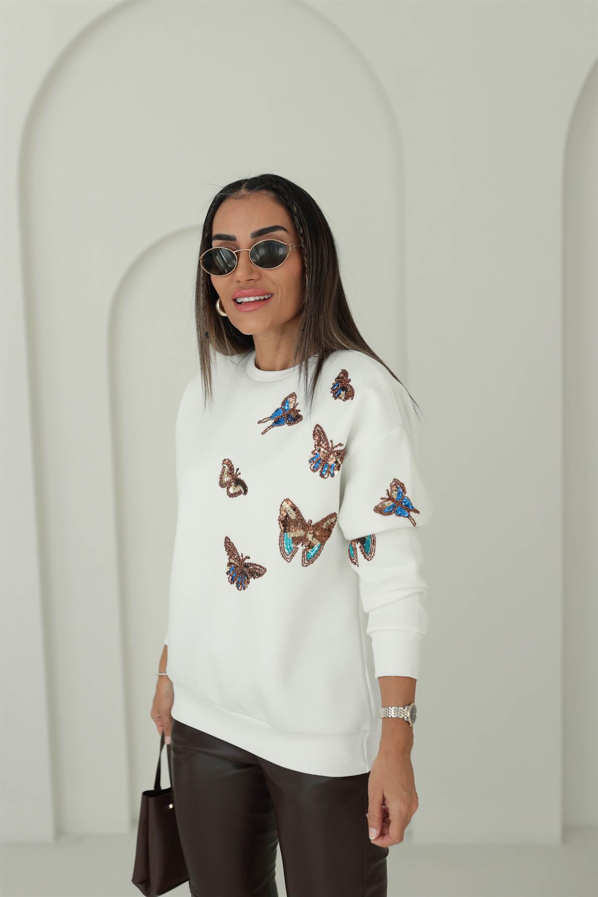 6542 Pullu Kelebek İşlemeli Şardonlu Sweatshirt EKRU