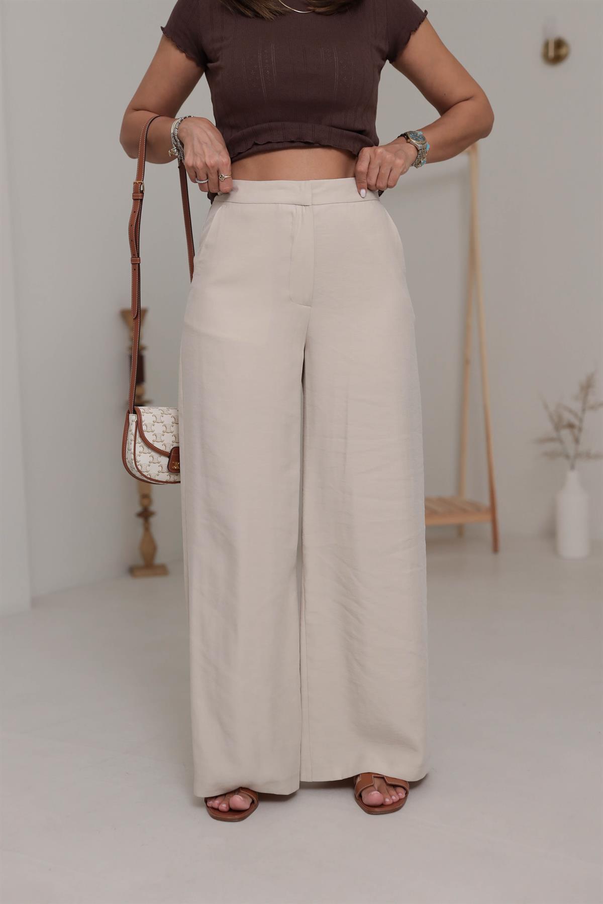 5189 Tencel Kumaş Yan Cepli Dökümlü Pantolon AÇIK BEJ