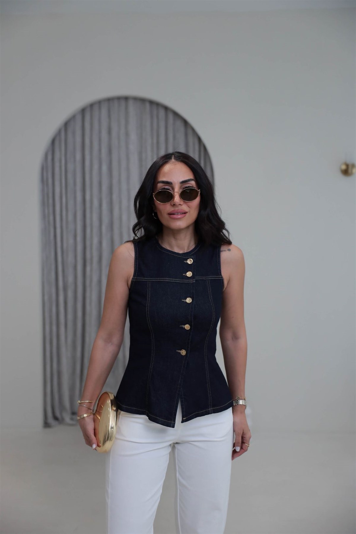 0758 Gold Düğmeli Kot Yelek LACİVERT