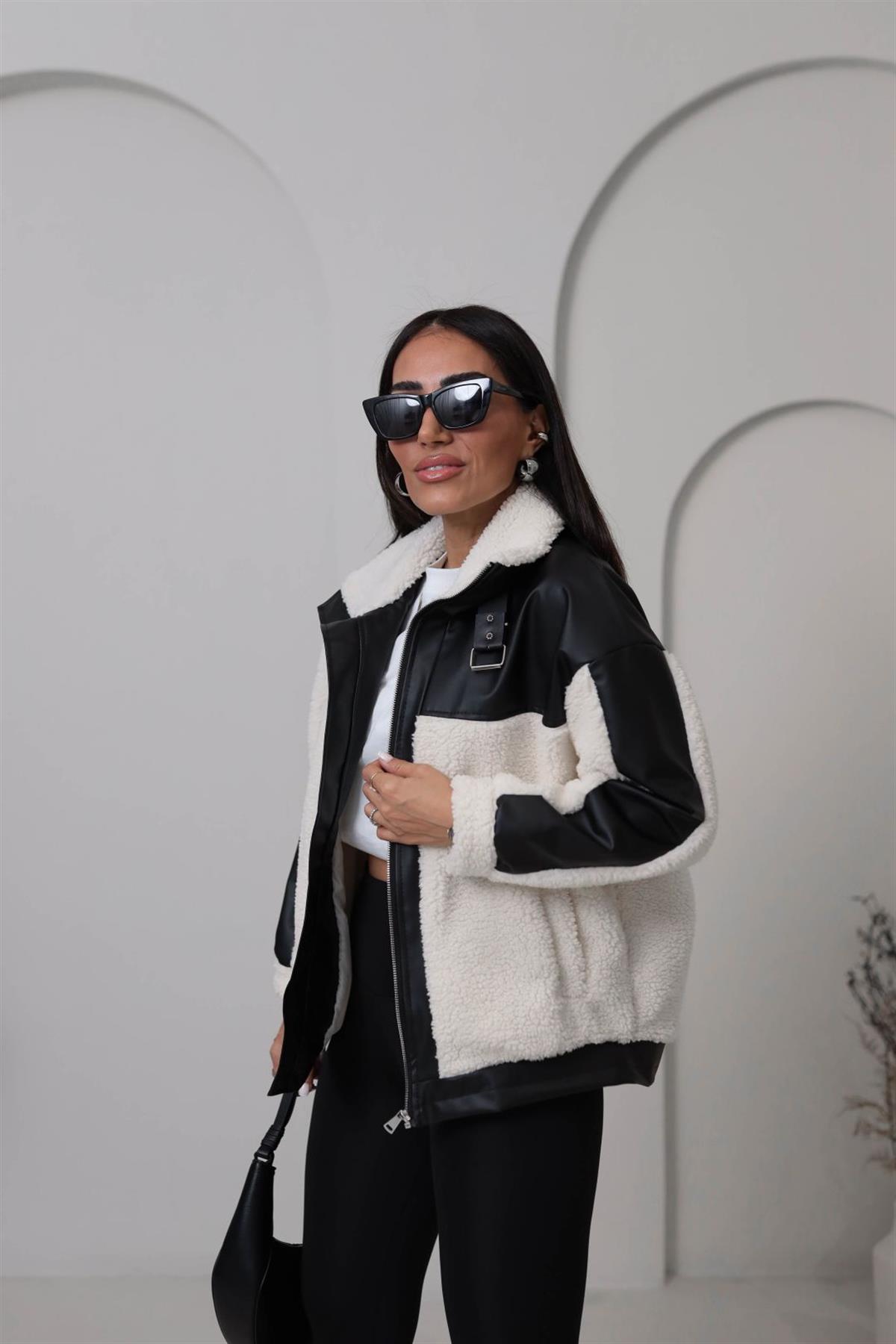 2631 Deri Garnili Kemer Detaylı Teddy Mont SİYAH-EKRU