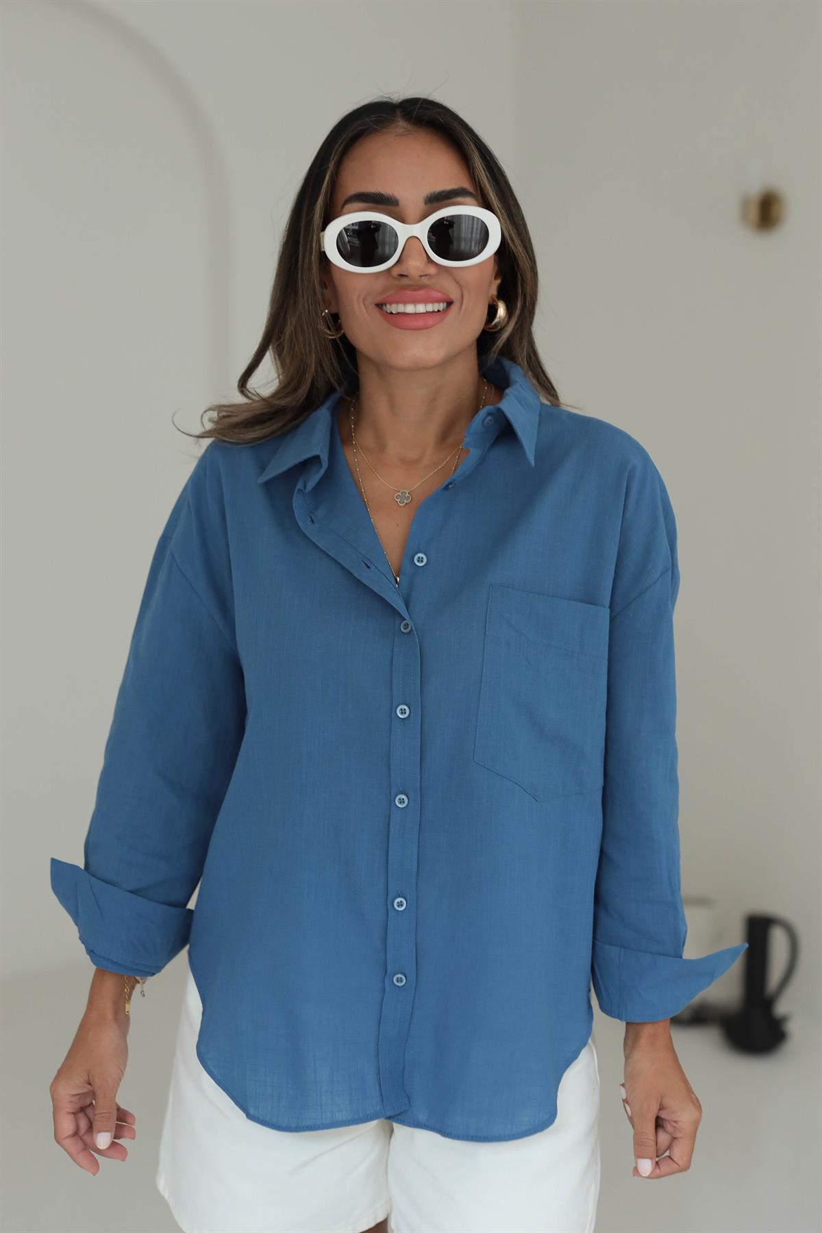 4719 Cep Detaylı Keten Gömlek