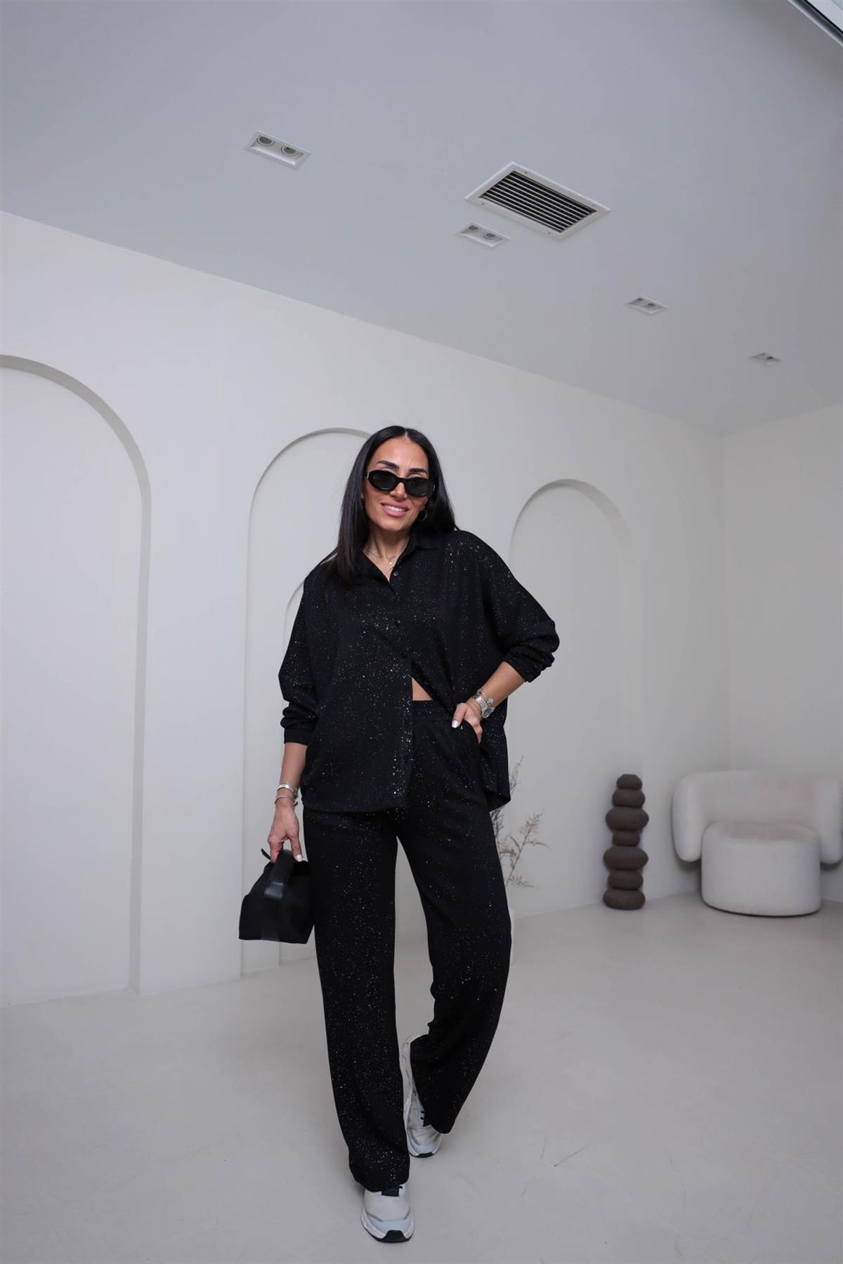 2524  Sim Geçişli Gömlek Pantolon Takım SİYAH