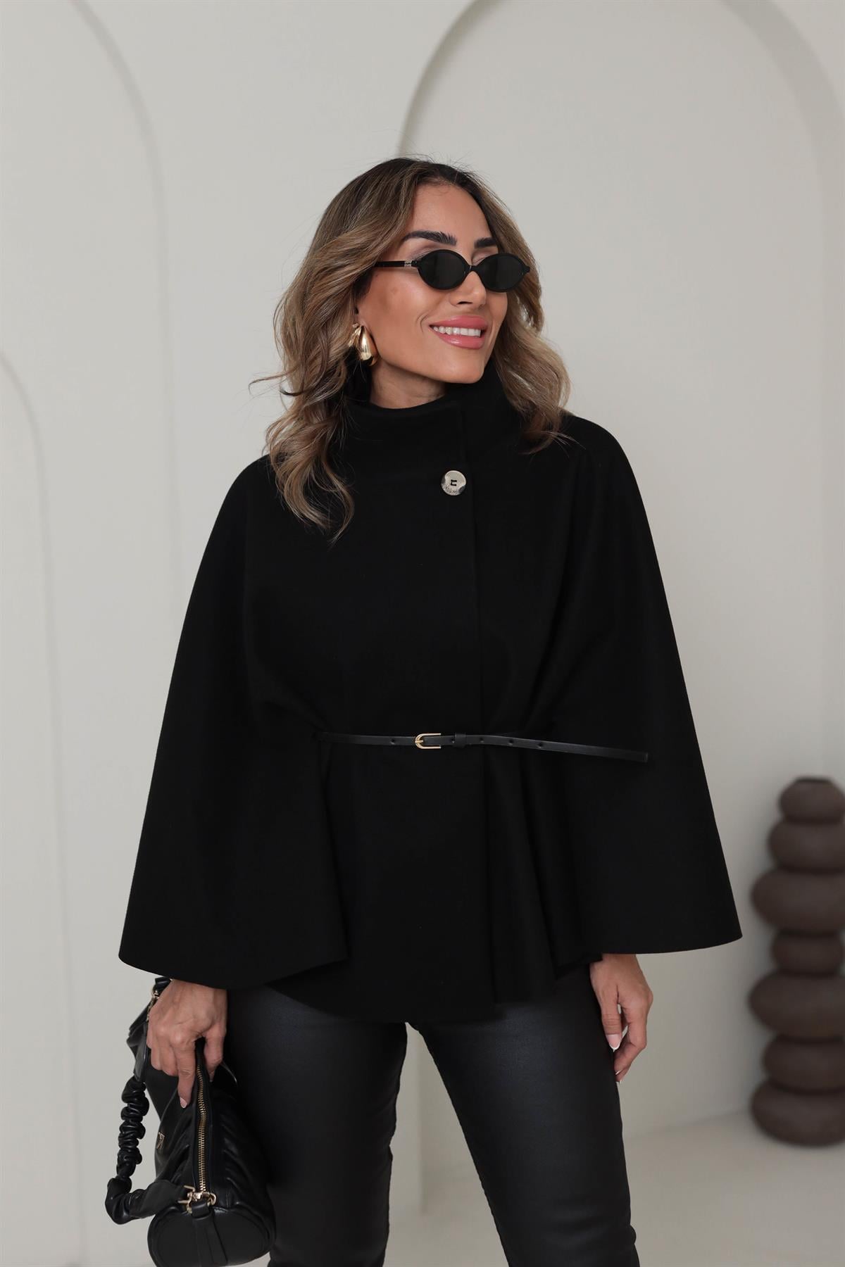 80167 Kemerli Dik Yaka Kaşe Panço SİYAH
