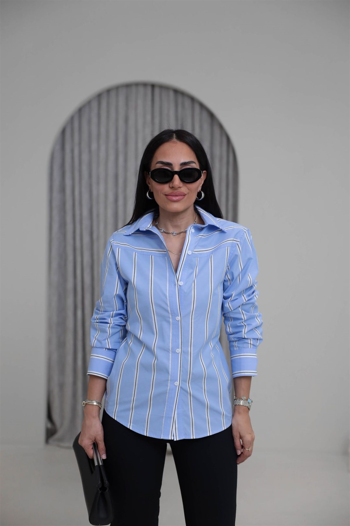 7434 Vatkalı Yanları Düğmeli Çizgili Gömlek MAVİ