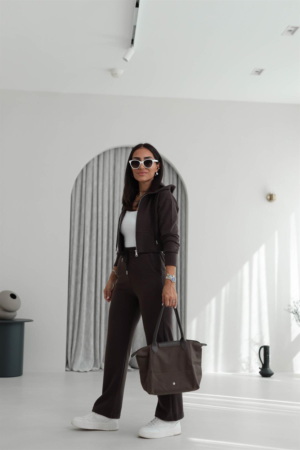 2331 Selanik Kumaş Fermuarlı Ceketli Takım KAHVE