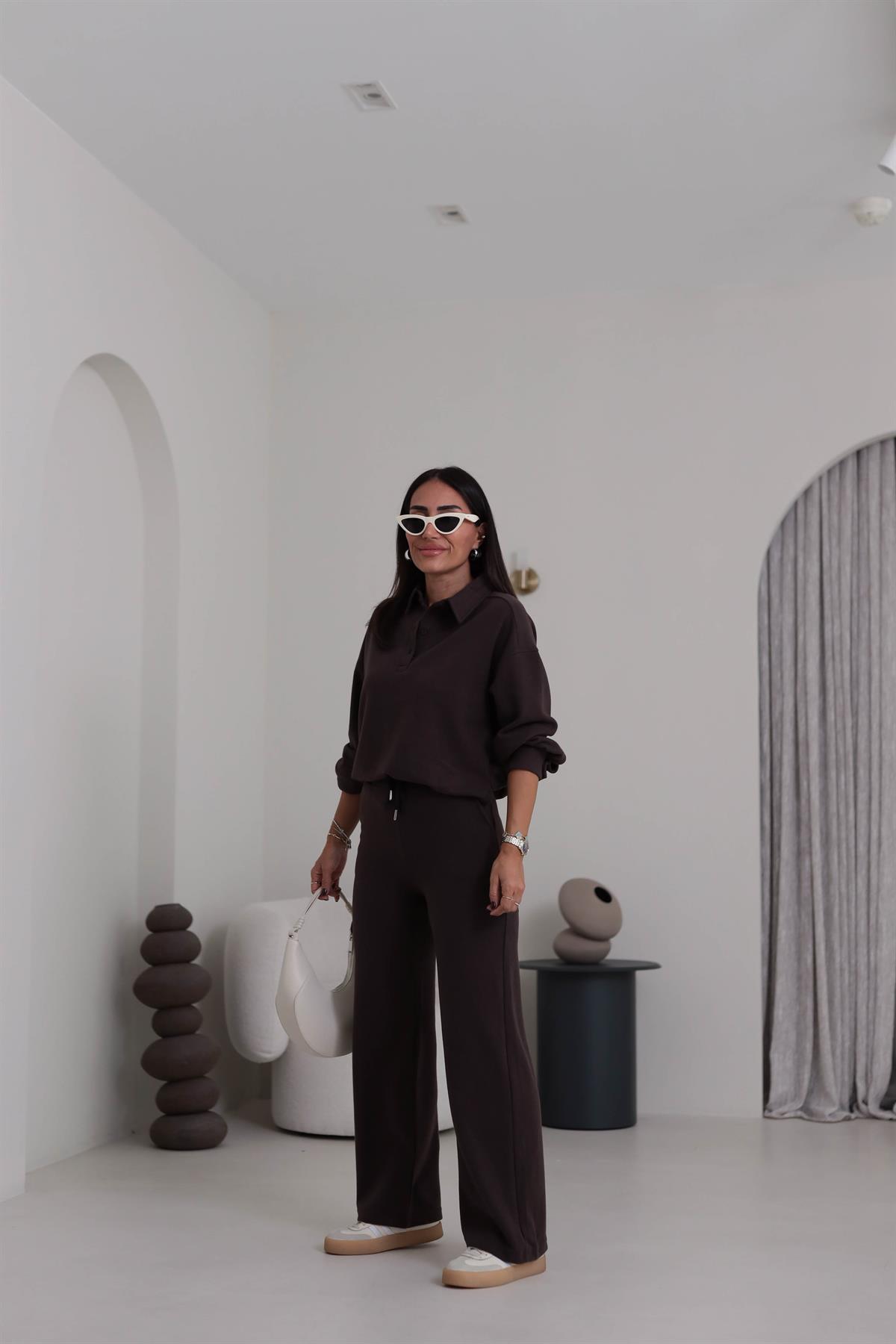 2411 Selanik Polo Yaka Yarım Düğmeli Rahat Takım KAHVE