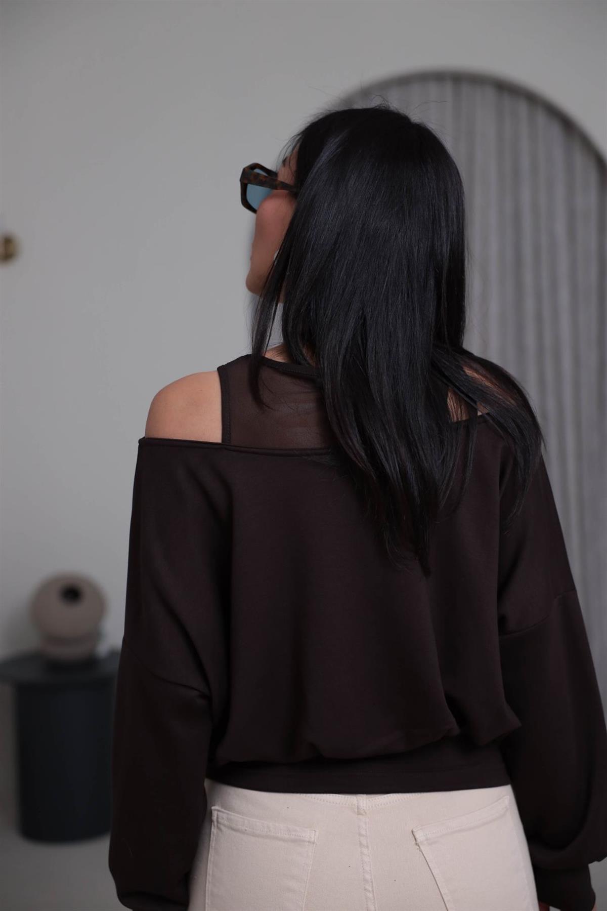 6710 Kol Dekolteli Tül Detaylı Bluz ACI KAHVE