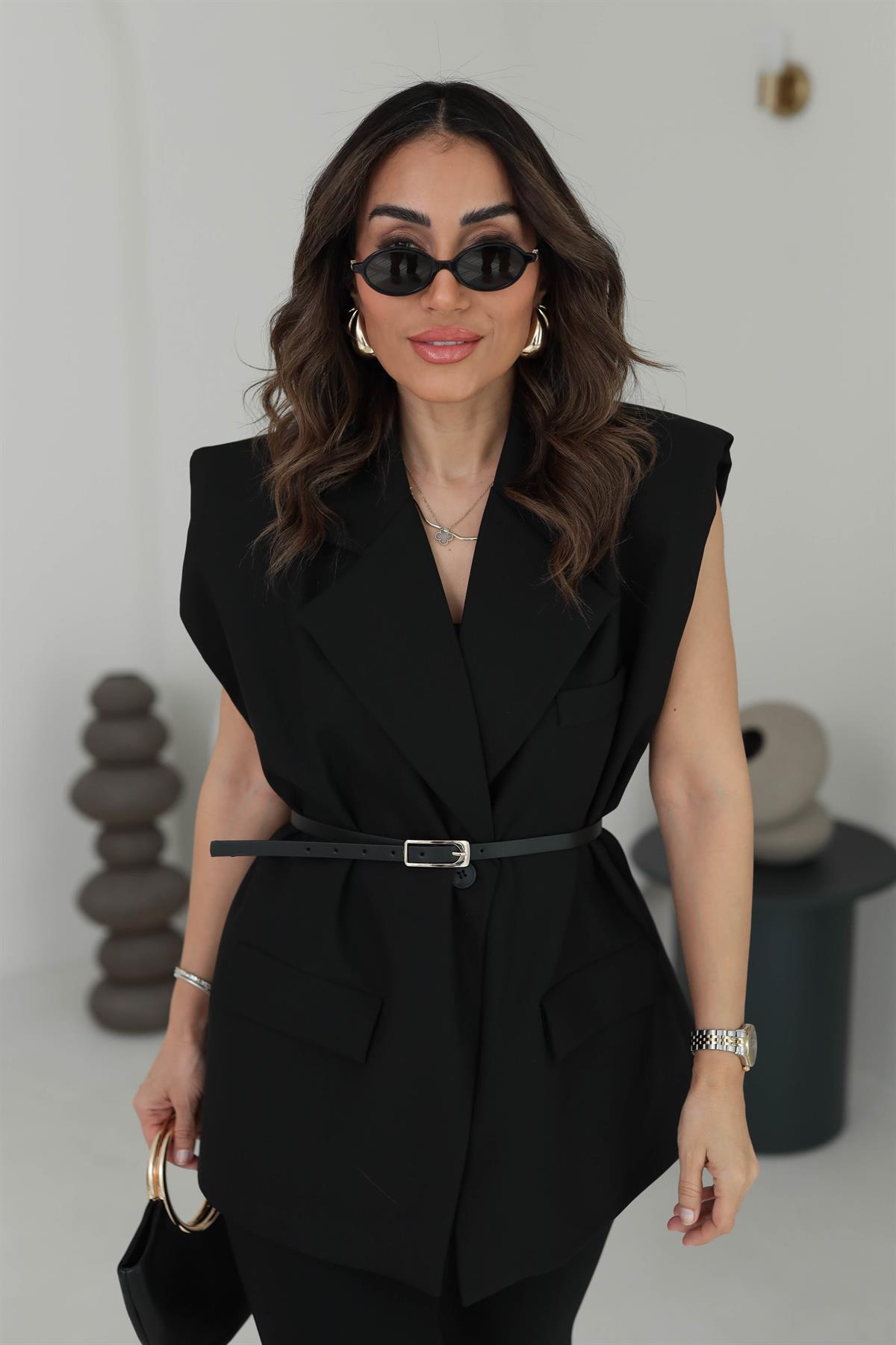 7449 Vatkalı Ve kemerli Yelek Ceket SİYAH