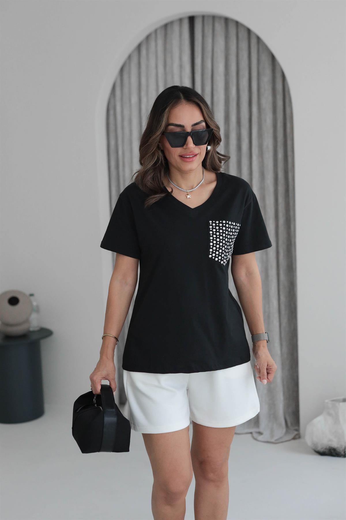 5341 Cep Drop Detaylı V Yaka Tshirt