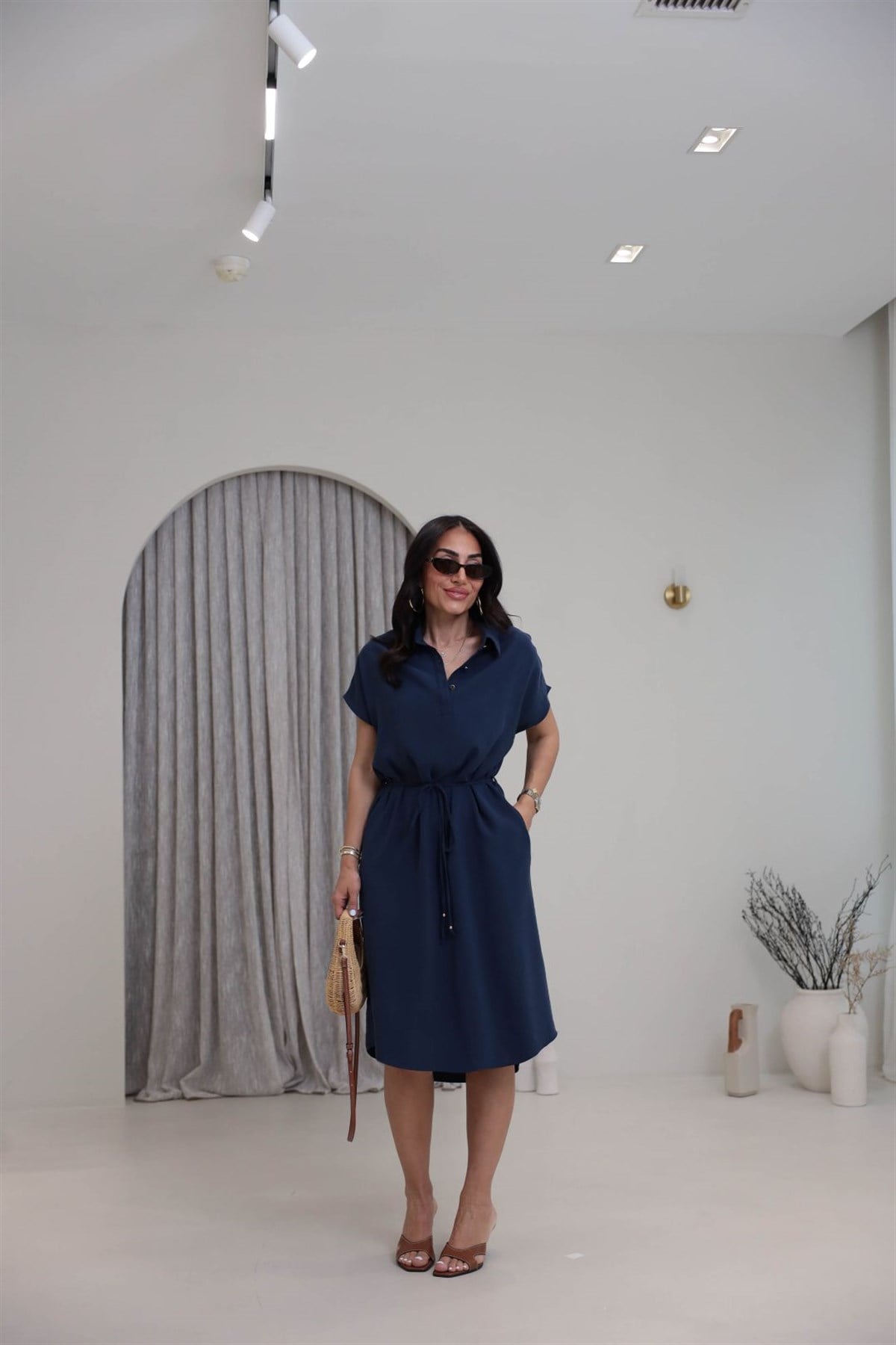 7541 Polo Yaka Tencel Kumaş Elbise LACİVERT