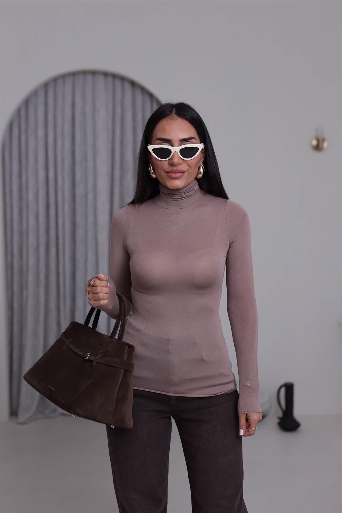 5256 Balıkçı Yaka Transparan Bluz SÜTLÜ KAHVE