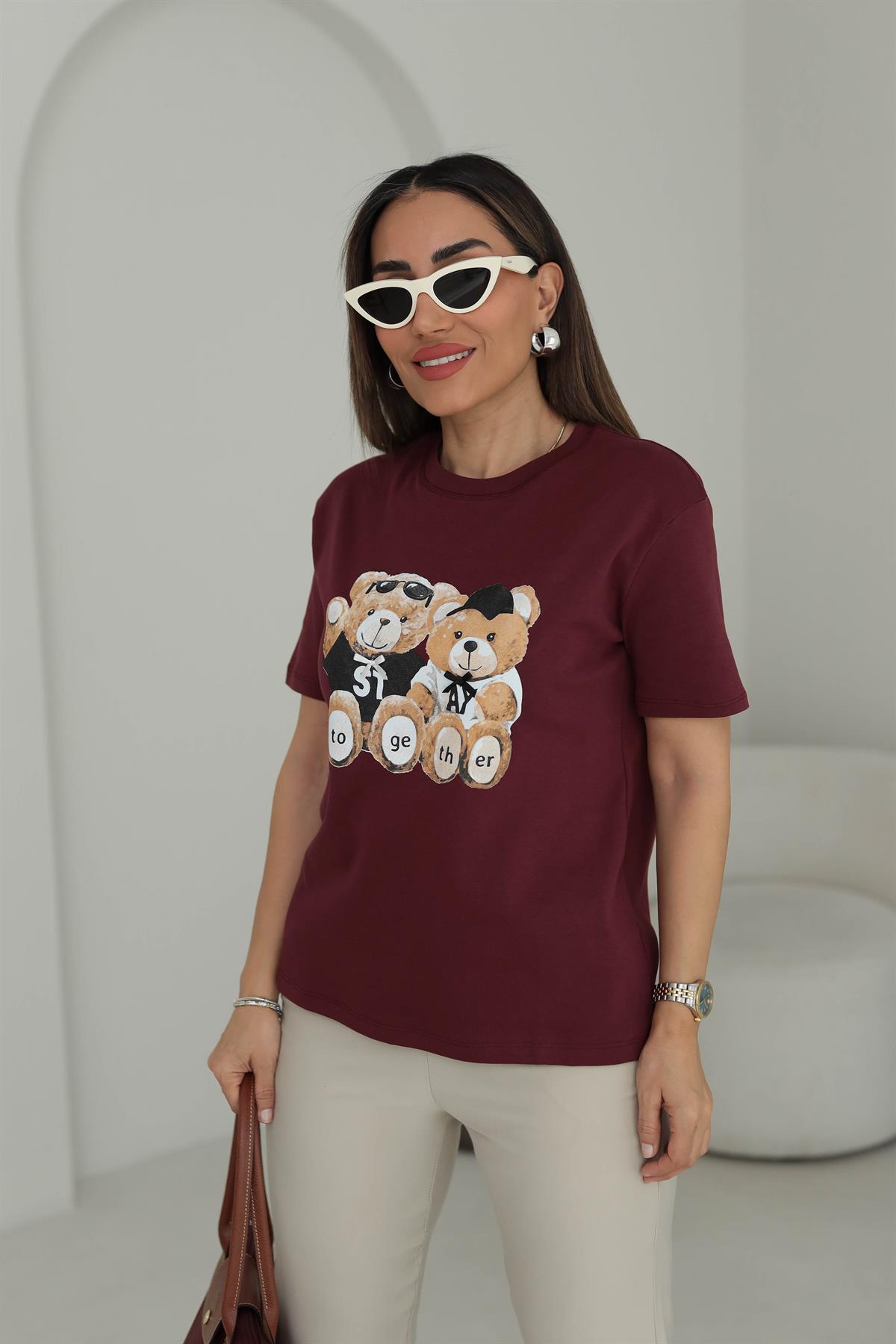 7878 Tedy Baskılı Bisiklet Yaka Tshirt BORDO