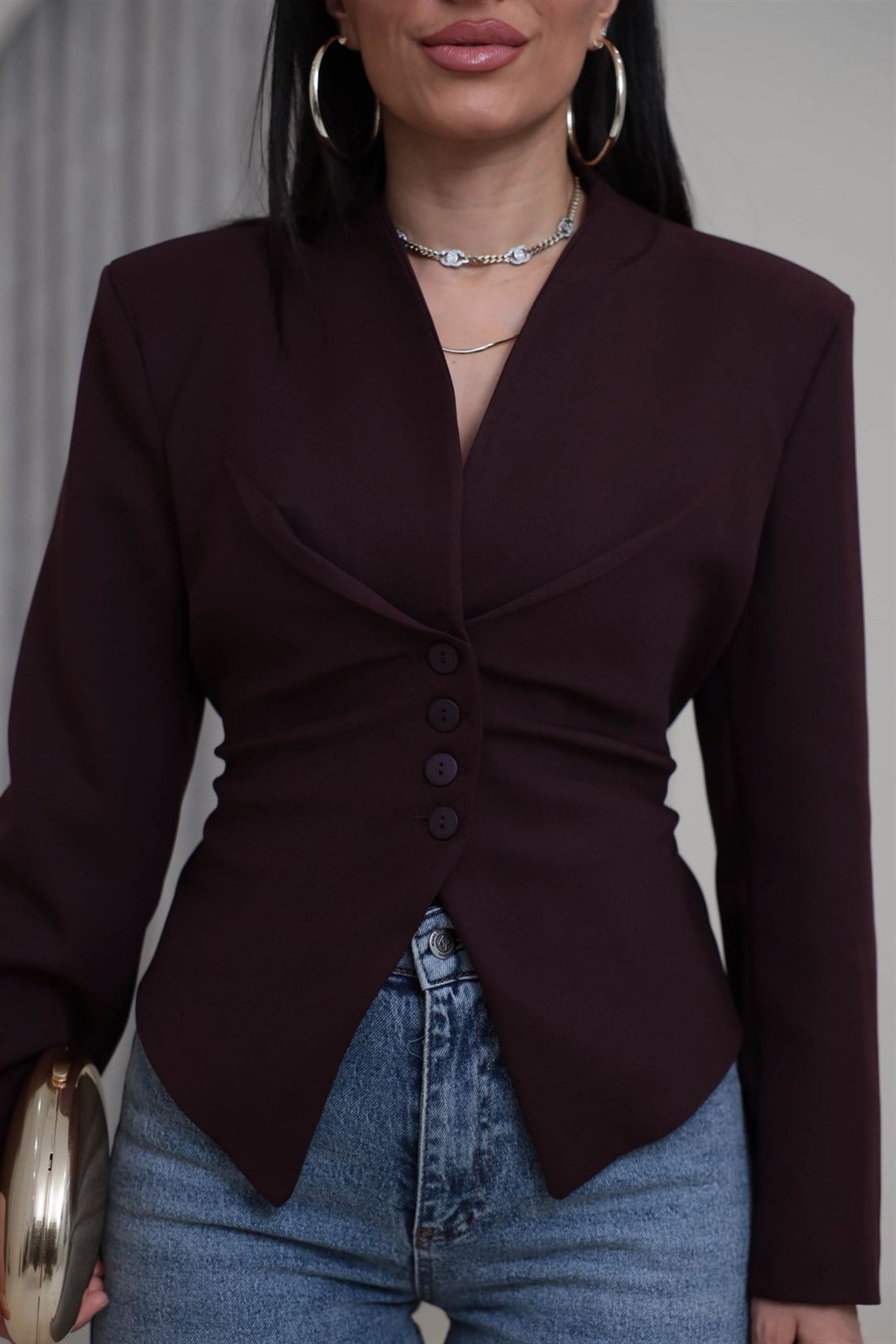 Vatkalı Asimetrik Belden Kuşaklı Ceket BORDO