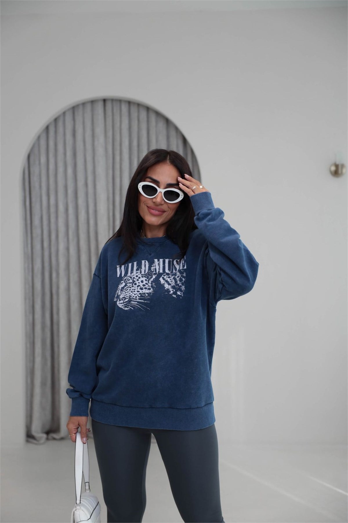 9106 Kaplan Baskılı Ribanalı İki İplik Sweatshirt LACİVERT