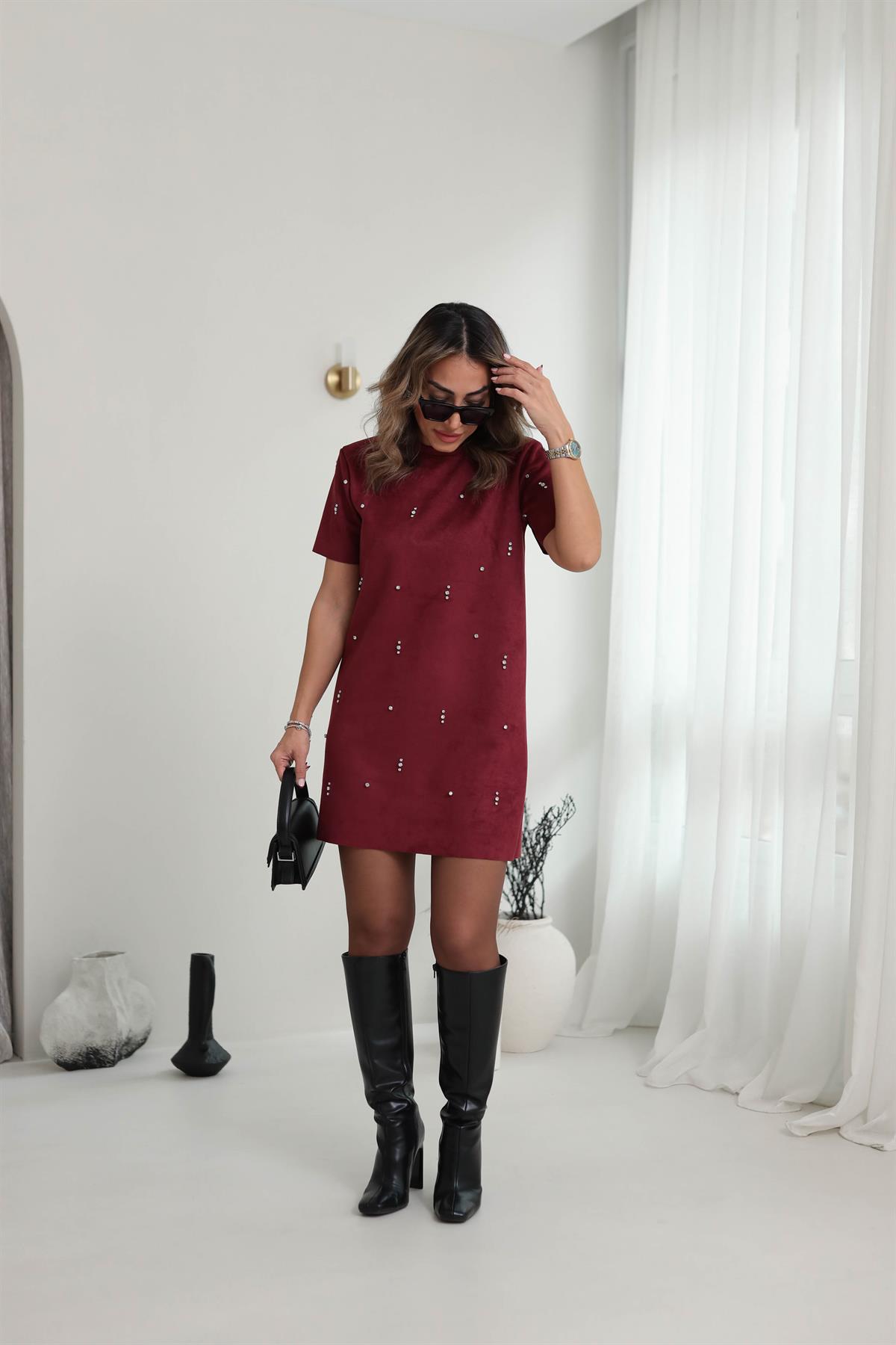 107 Nubuk Taş İşlemeli Elbise BORDO