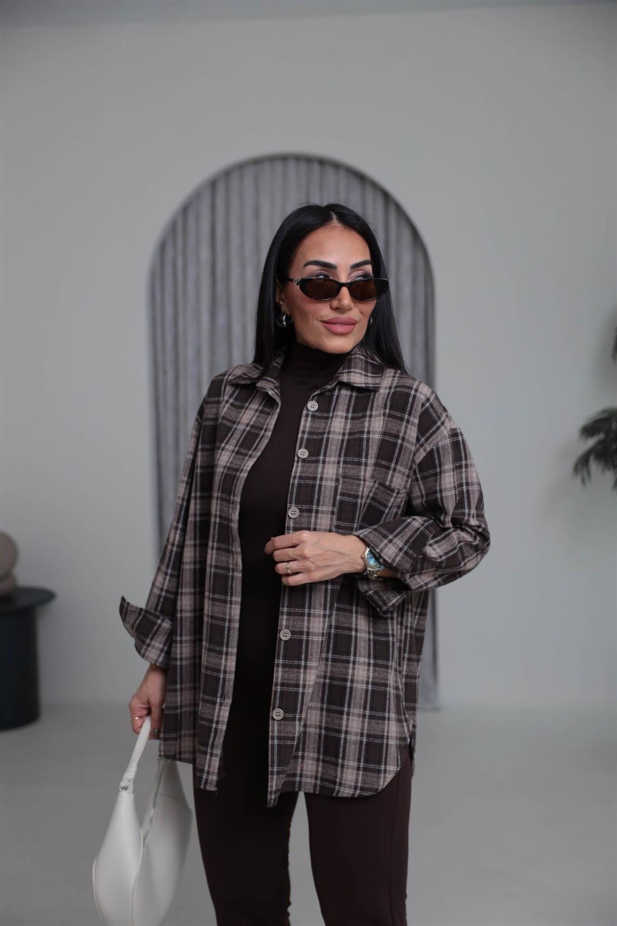 513 Ekose Desen Yünlü Rahat Gömlek KAHVE