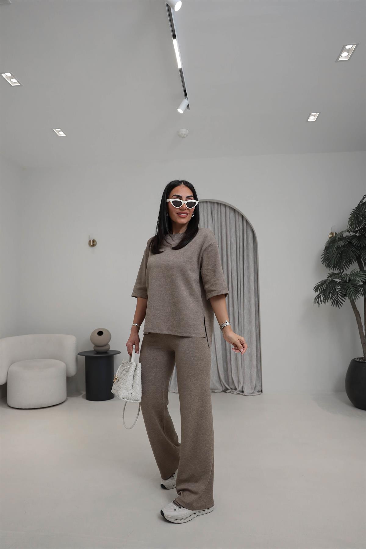 1881 Dokulu Pamuklu Tshirt Pantolon Takım VİZON