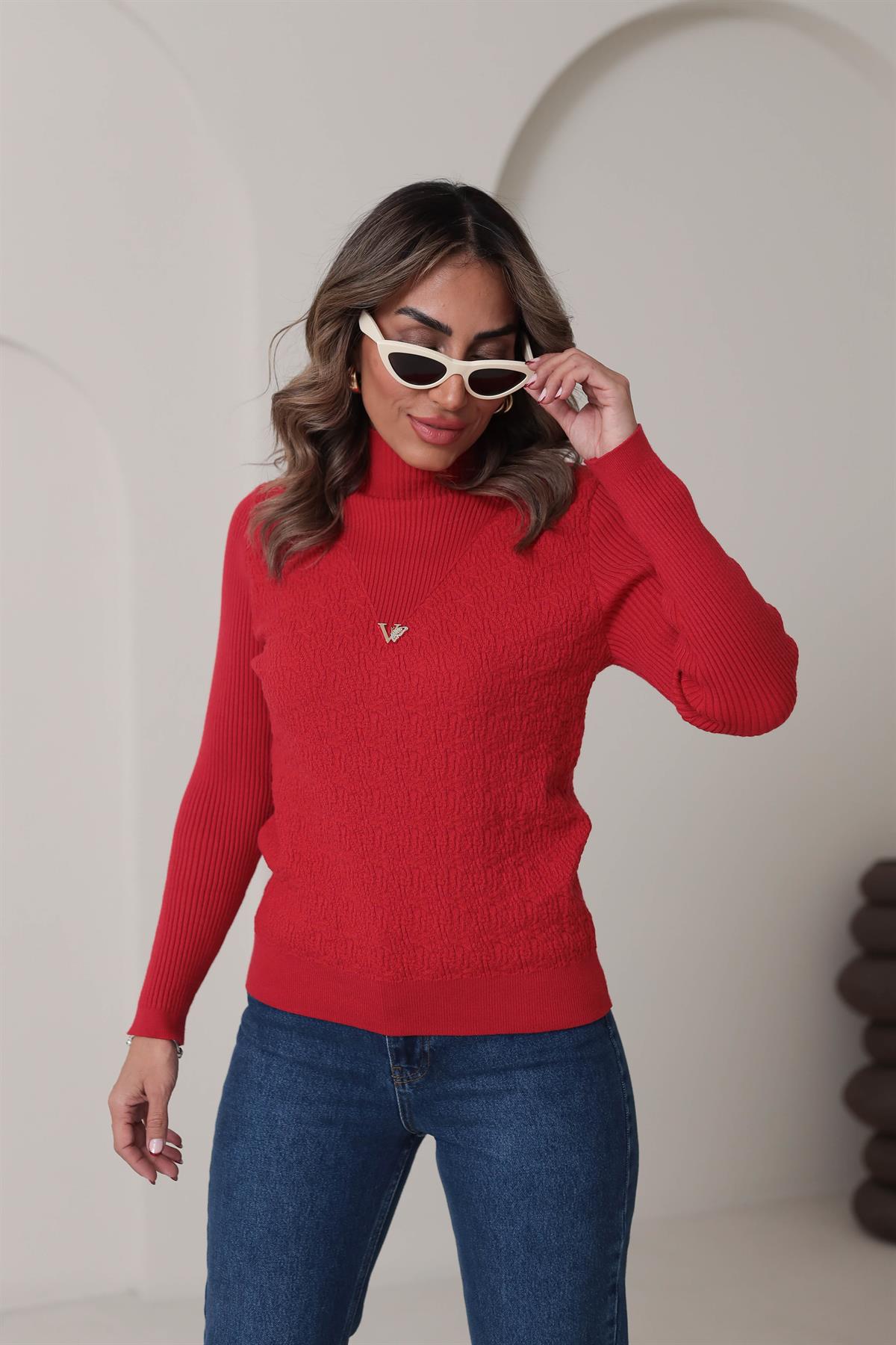 0248 Korspan Dik Yaka V Armalı Yumuşak Triko KIRMIZI