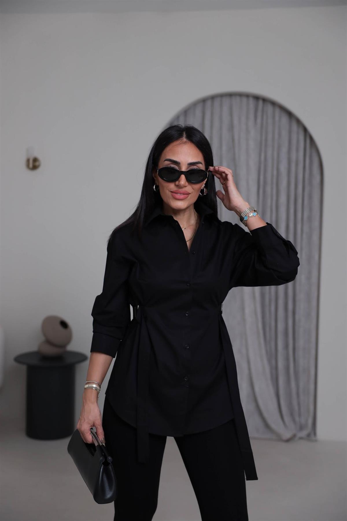 7176 Beli Kemer Detaylı Gömlek SİYAH