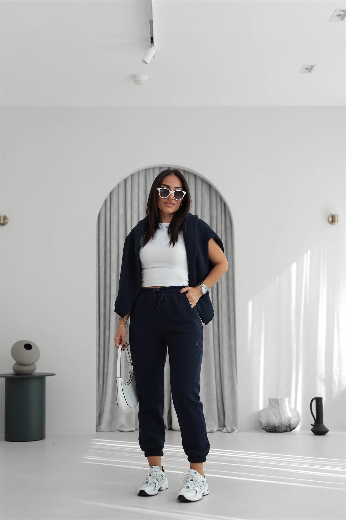 7314 Ribanalı Bel Lastikli 3 iplik Şardonlu Eşofman Altı LACİVERT