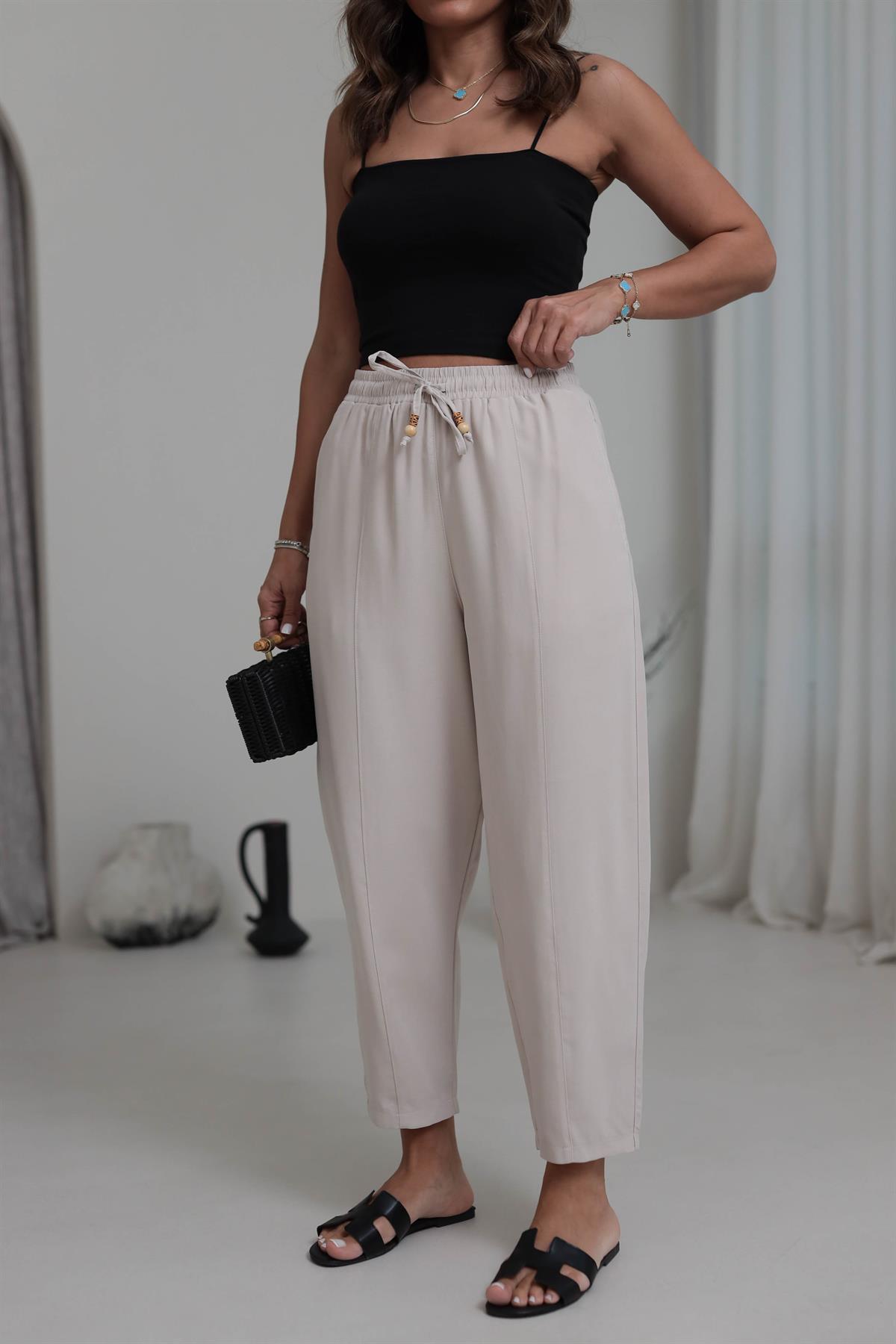 6703 Bel Lastikli Tencel Dokulu Boncuklu Pantolon BEJ