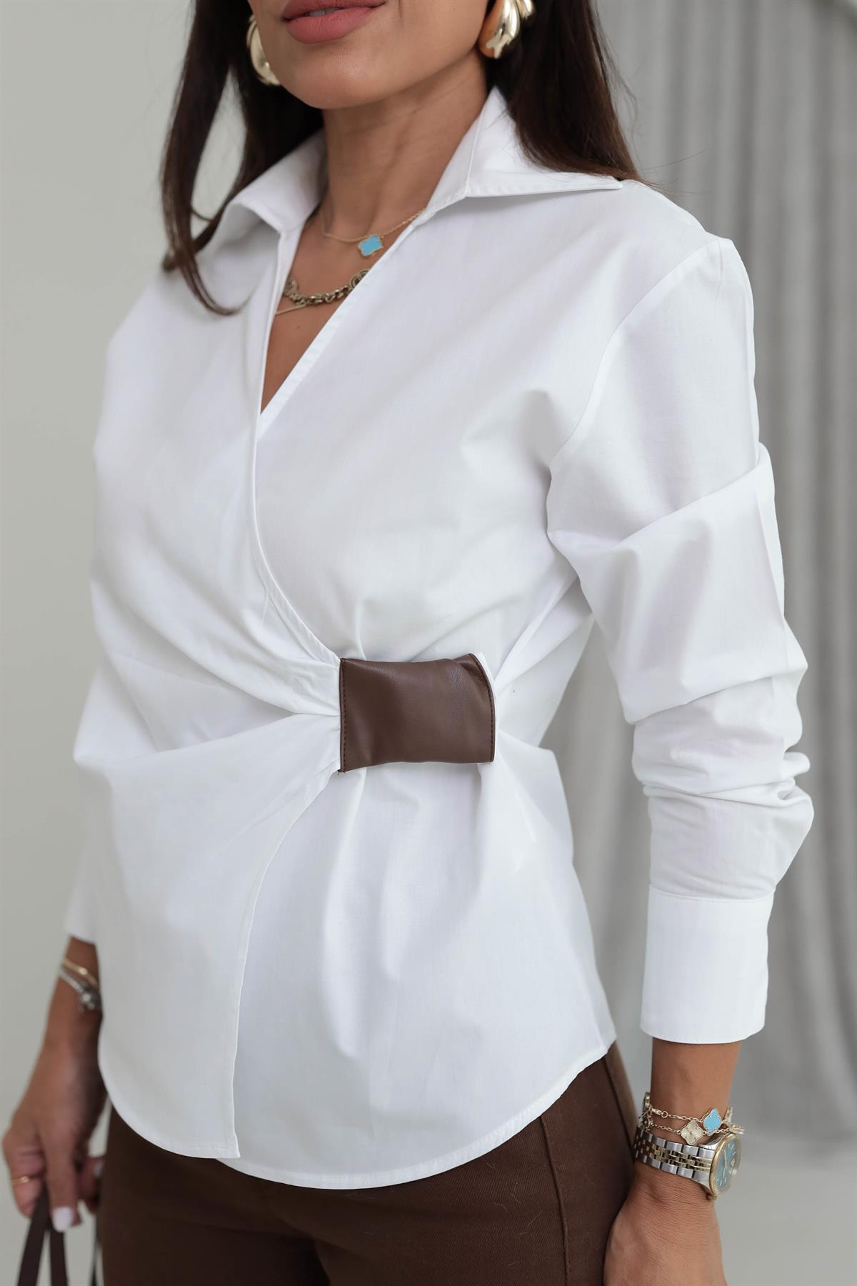 7584 Deri Detaylı Poplin Gömlek BEYAZ