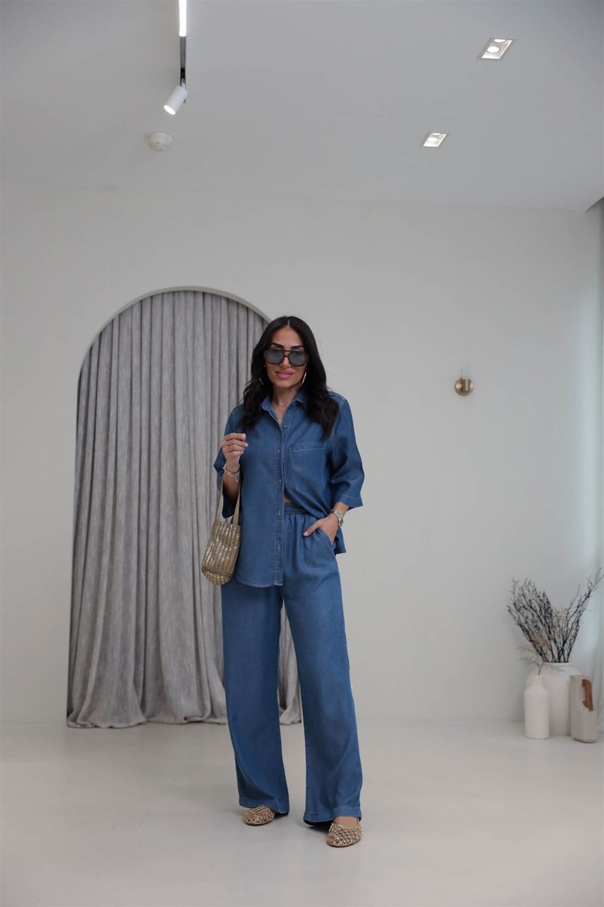 0926 Tencel Kumaş Gömlek ve Pantolon Takım KOYU MAVİ