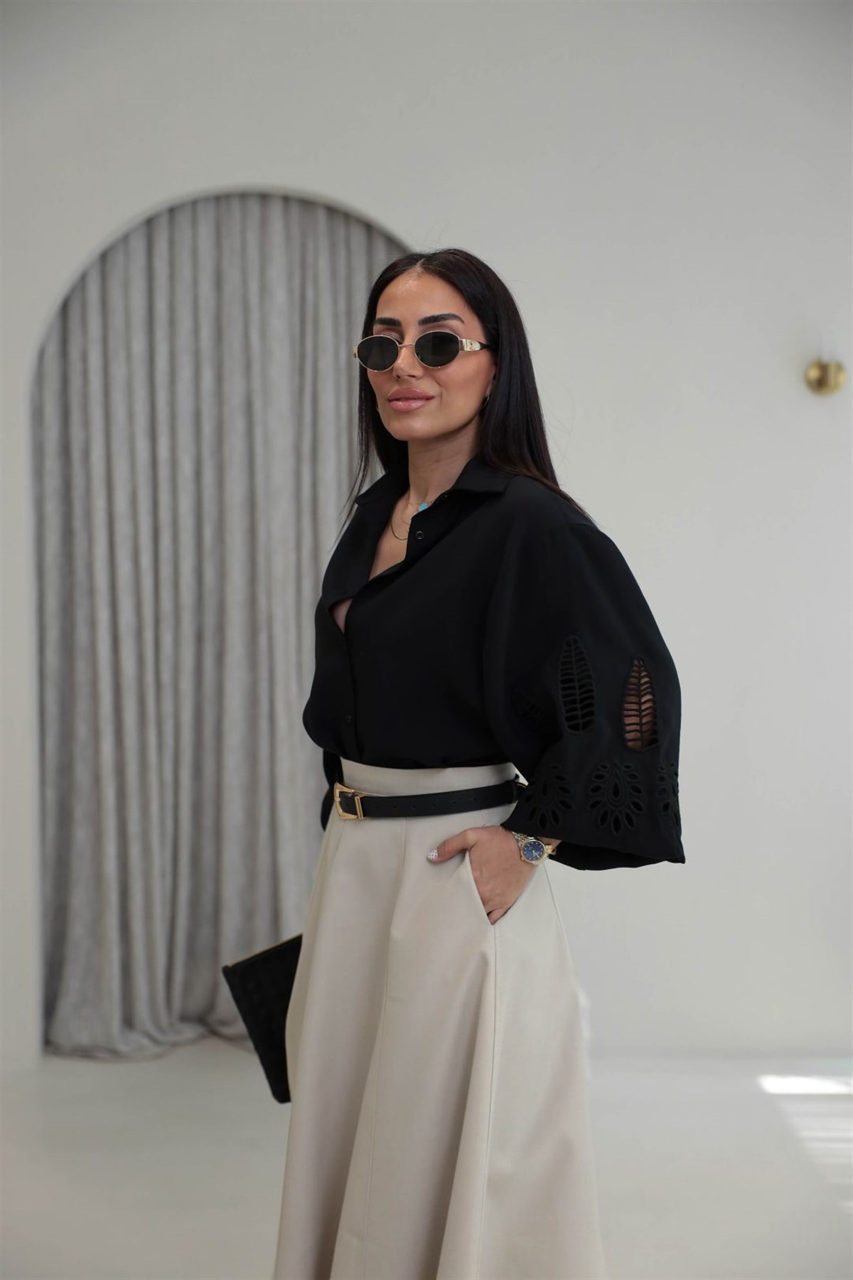 Kolları Fisto Detaylı Gömlek SİYAH