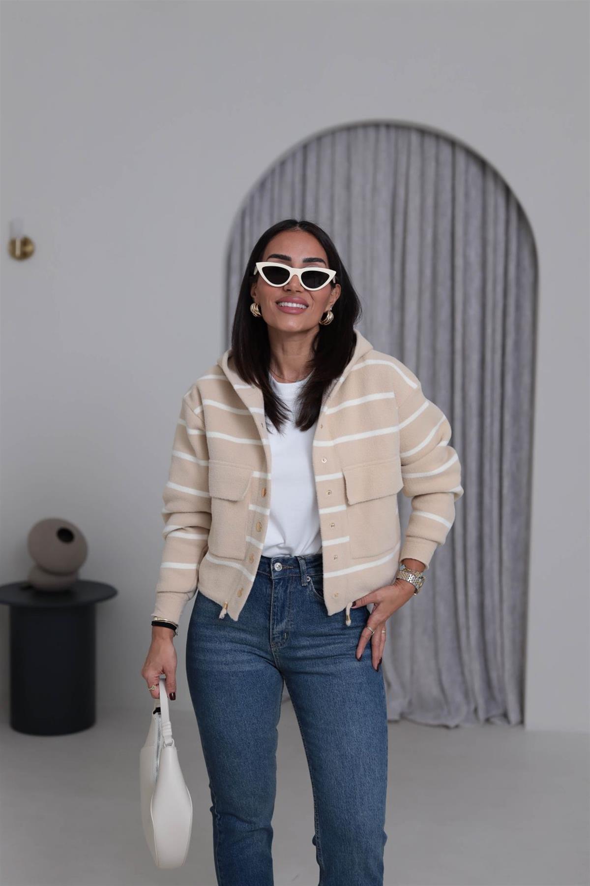 4600 Gold Düğme Detaylı Çizgili Angora Ceket KREM