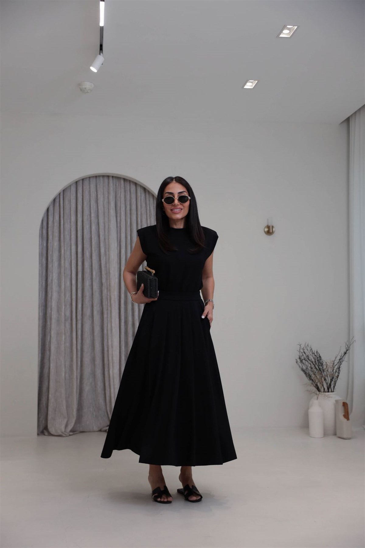 7150 Vatkalı Penye Bluz ve Pileli Etekli Takım SİYAH