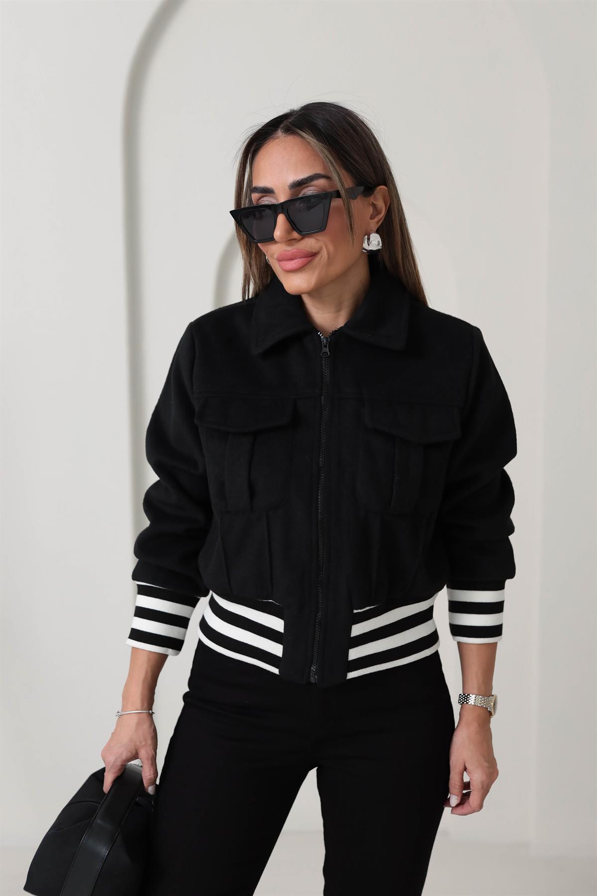 3615 Siyah Beyaz Ribanalı Kaşe Bomber SİYAH