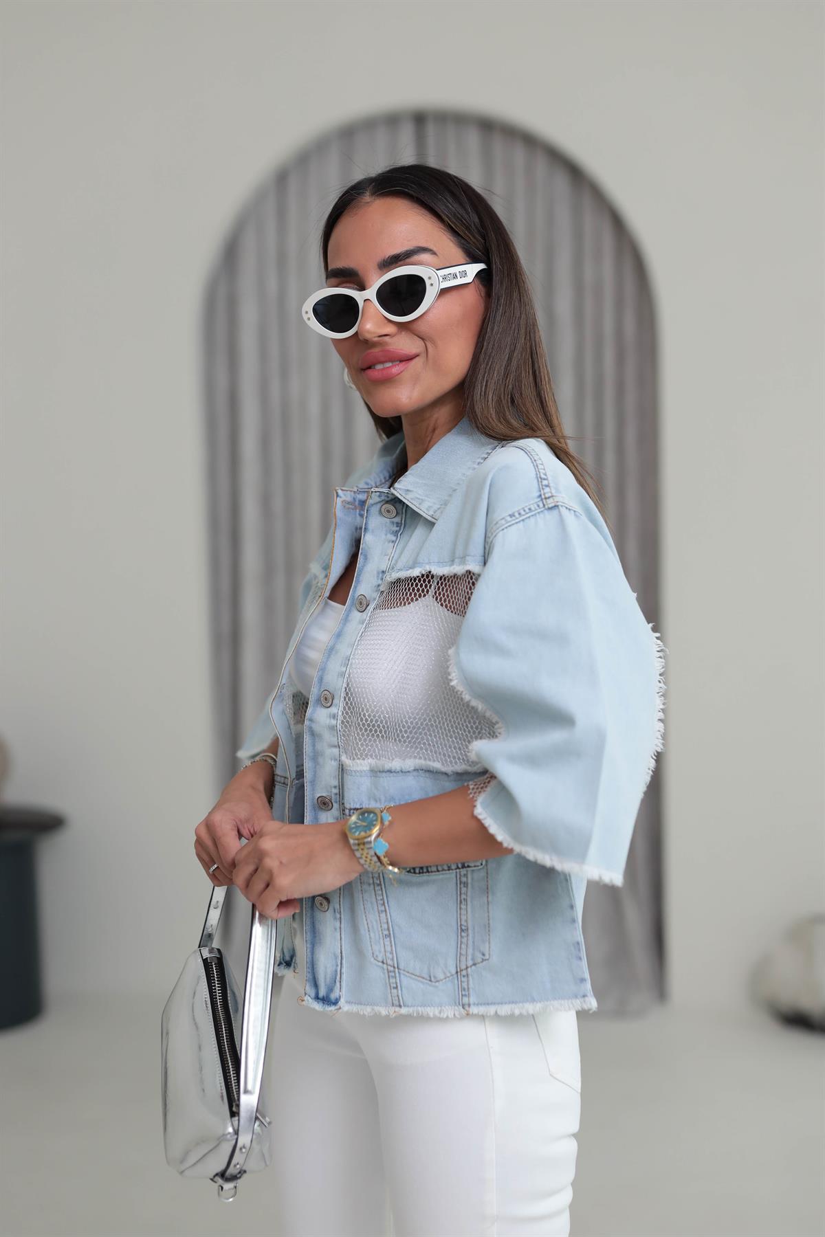 2701 File Detaylı Tasarım Kot Ceket BUZ MAVİ