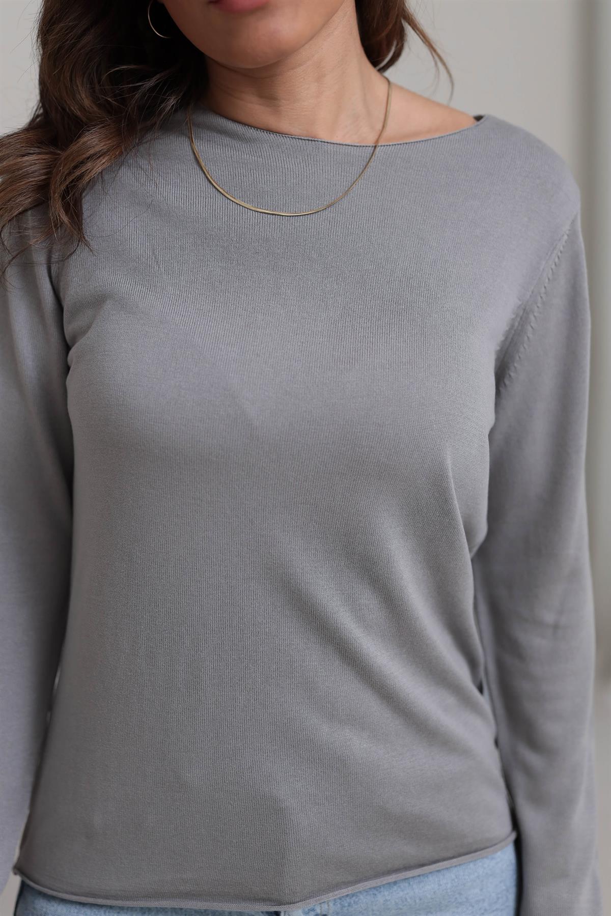 1061 Açık Yaka Uzun Kol İnce Triko GRİ