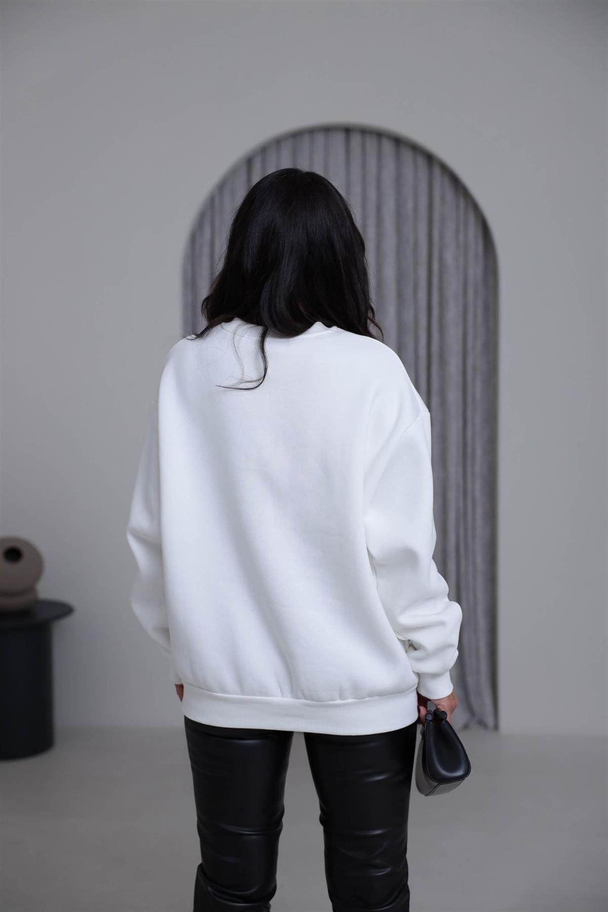 6910 Taşlı Aplikeli Şardonlu Sweatshirt EKRU