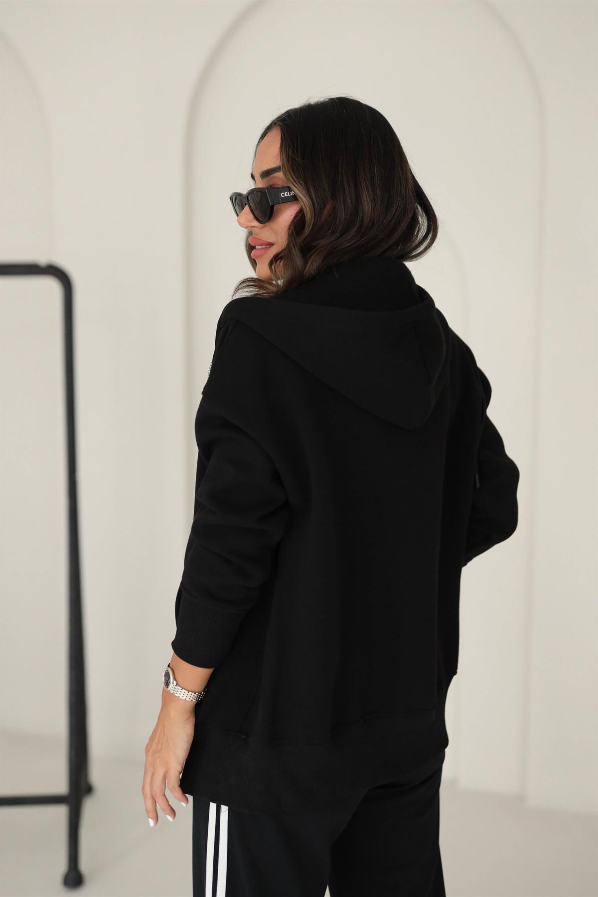 0068 Kapşonlu Fermuarlı Sweatshirt SİYAH