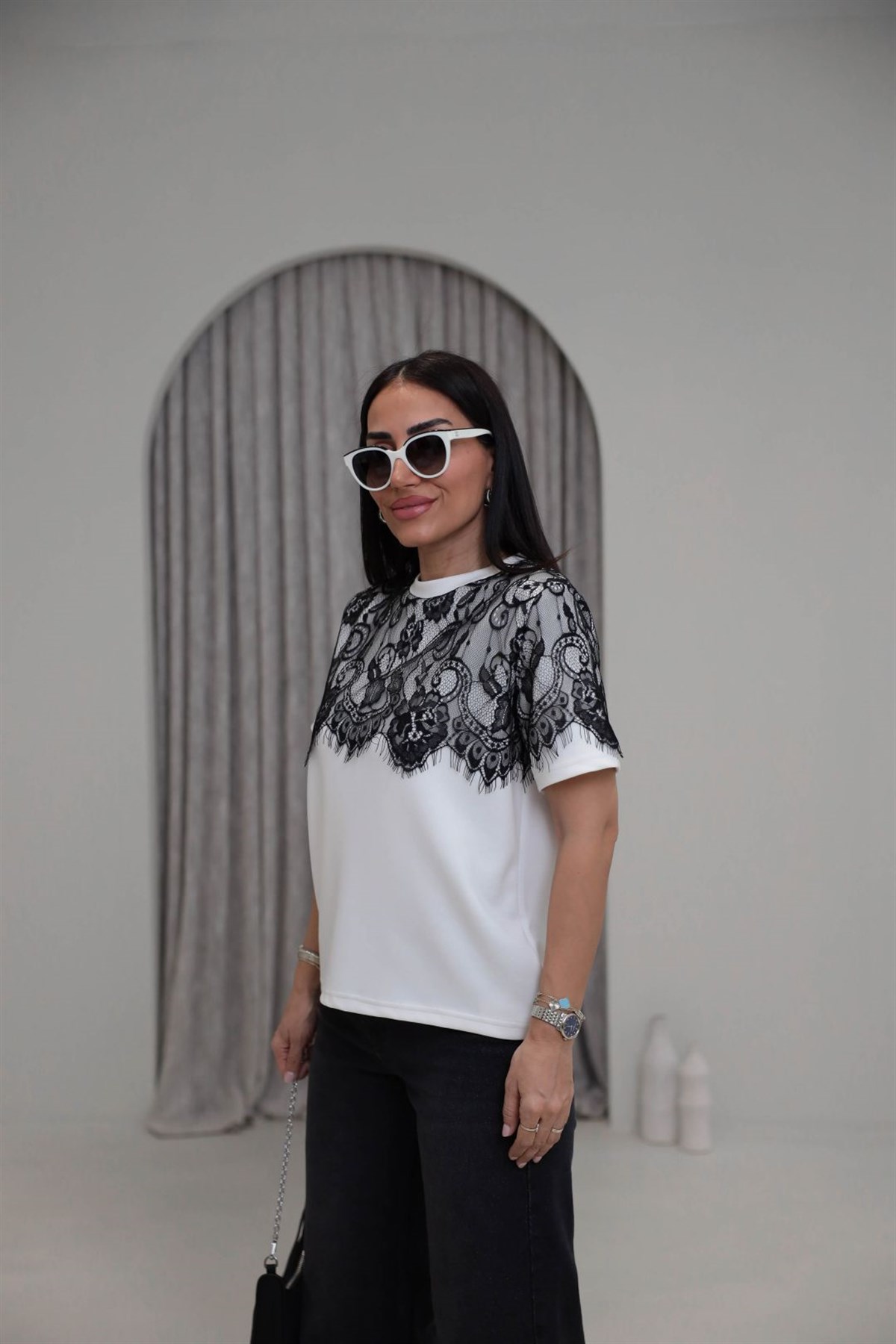 1822 Dantel Garnili Bisiklet Yaka Modal Tshirt EKRU