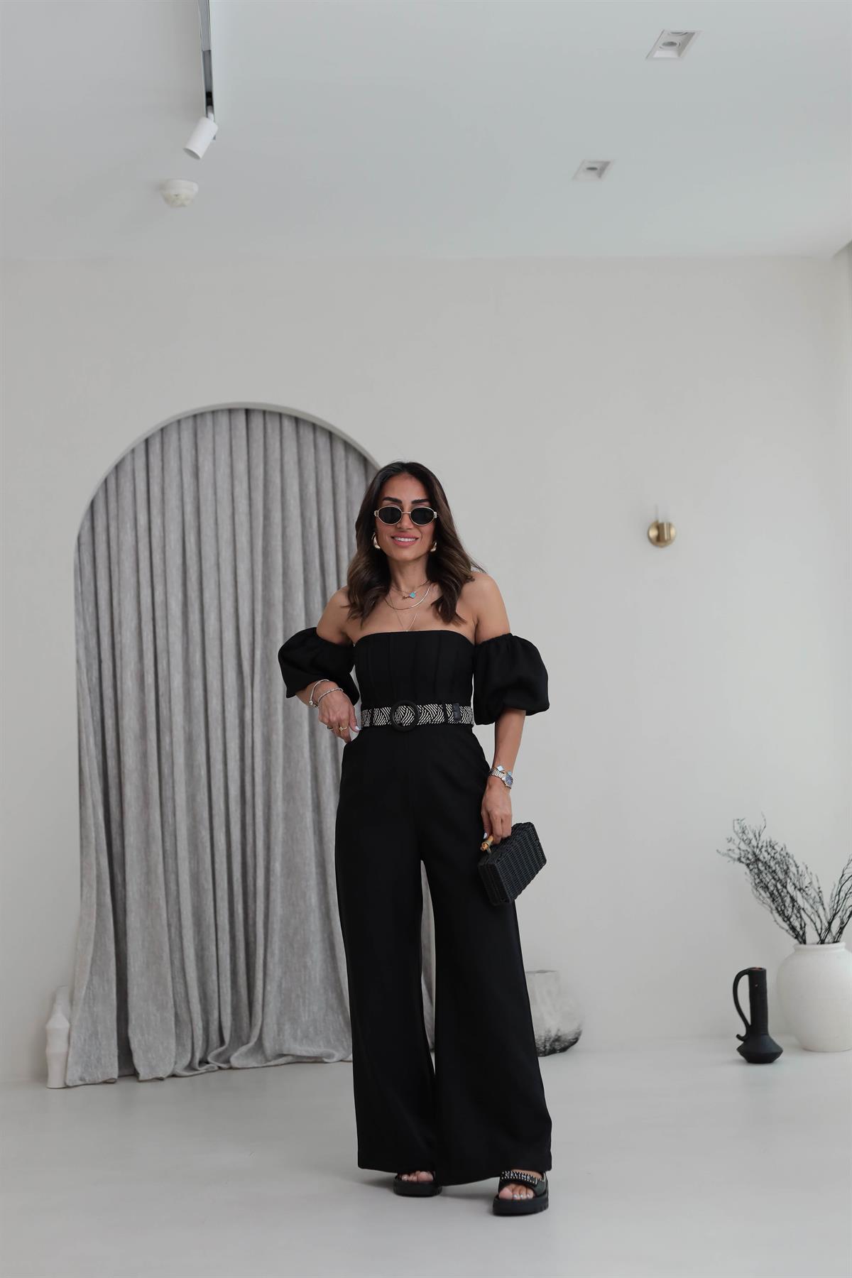 2387 Balon Bol Kemerli Keten Tulum SİYAH