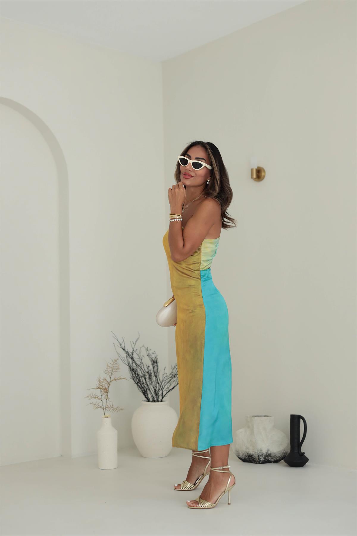 9893 Tek Omuz Sırt Dekoteli Saten Elbise