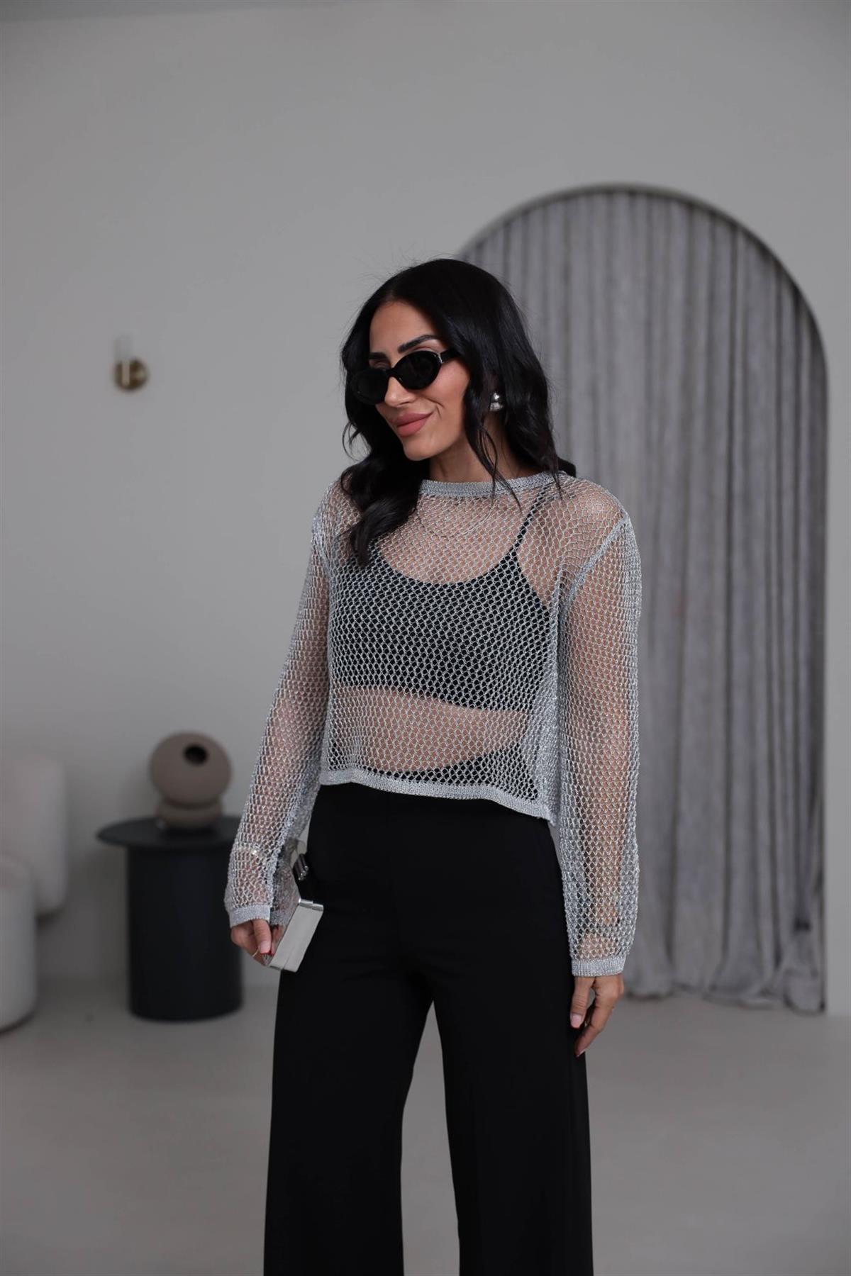 4404 Parlak Simli Ajurlu Kısa Triko GÜMÜŞ