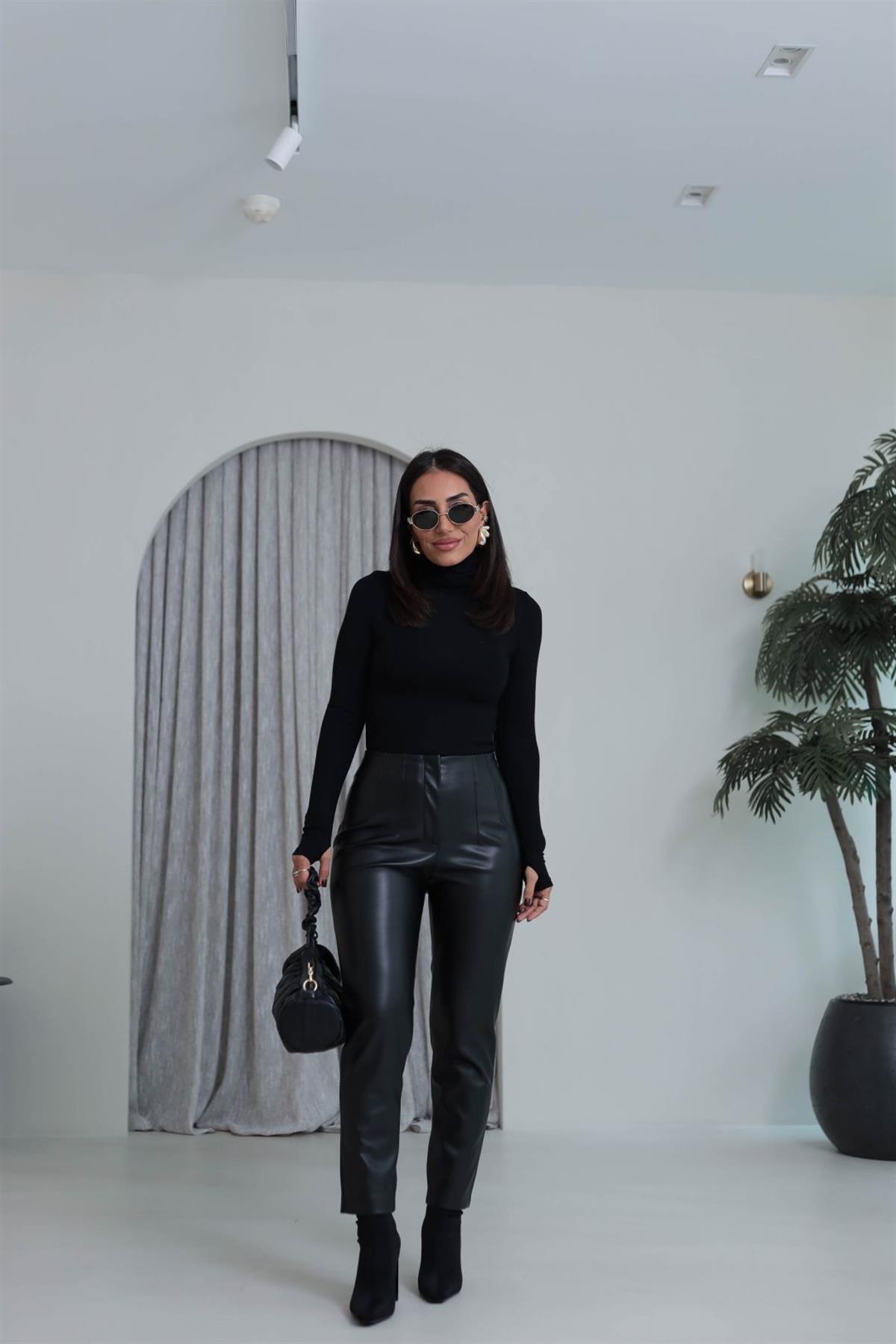 3947K Önü Flotalı Şardonlu Deri Pantolon SİYAH