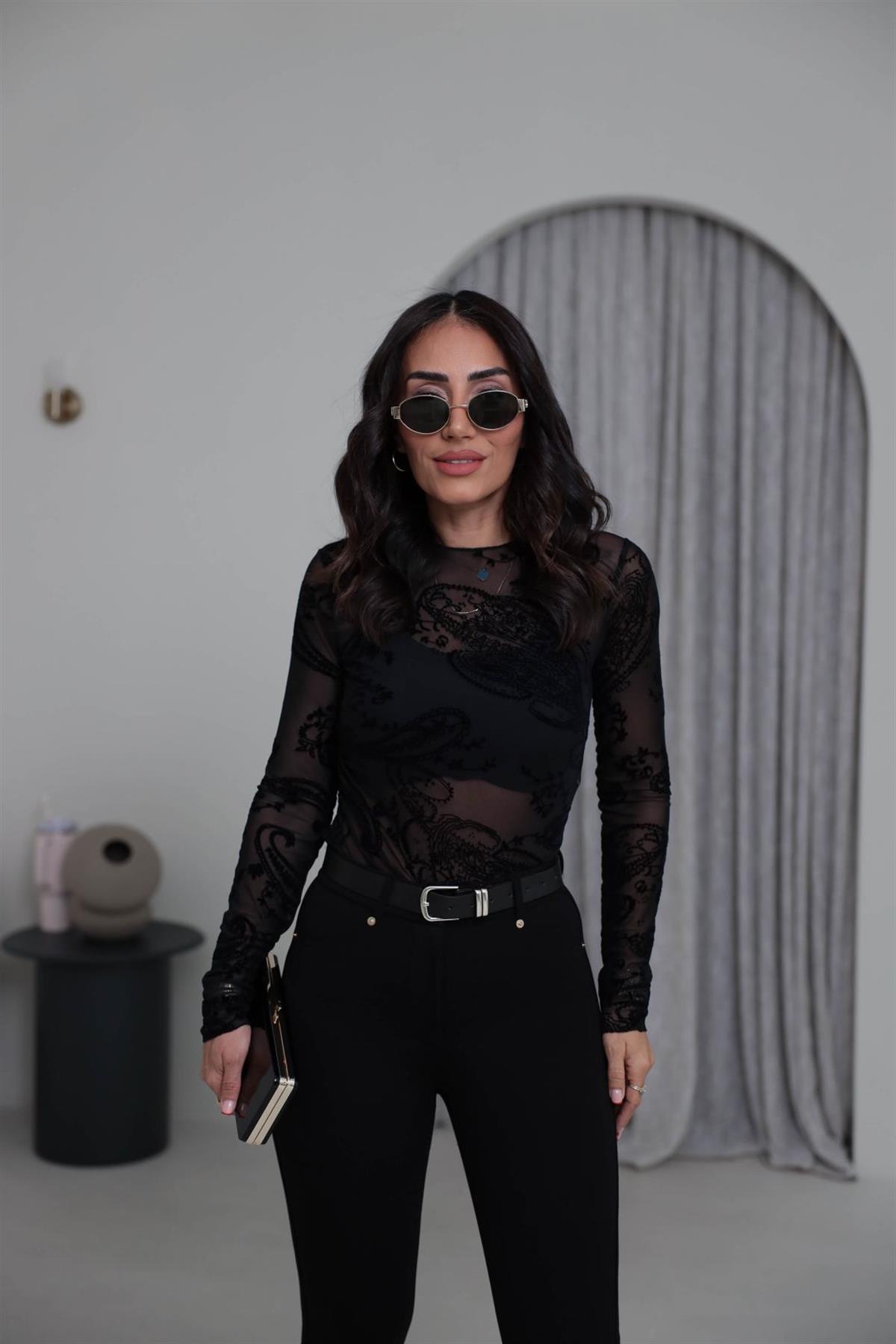 7248 Kadife Baskılı Asimetrik Tül Bluz SİYAH